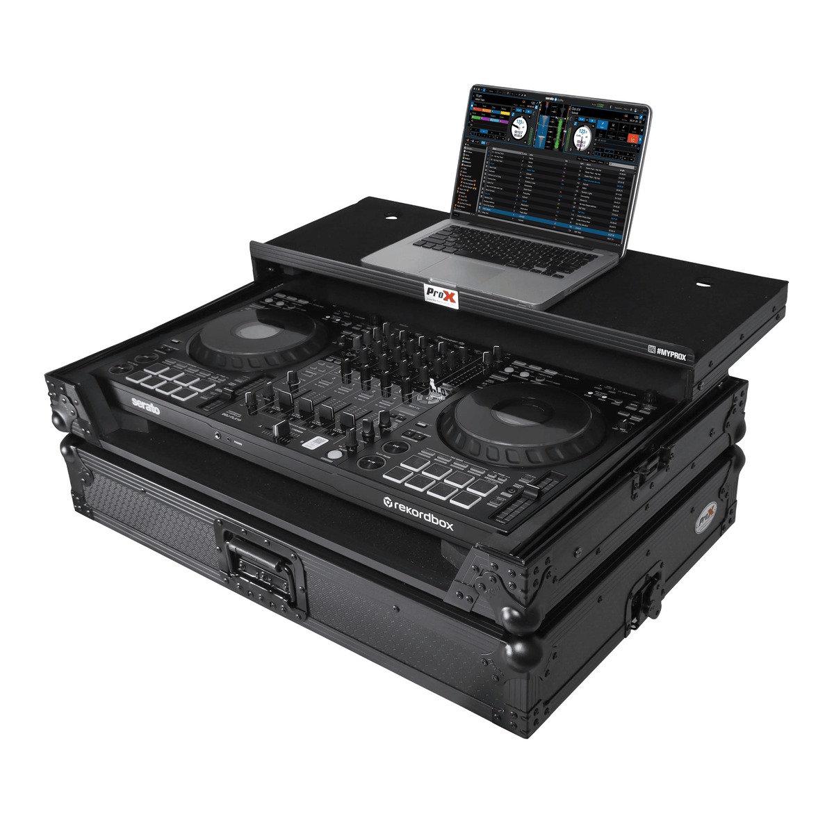 ProX XS-FLX10LTBL - Pioneer DDJ-FLX10 or DDJ-GRV6 with Sliding Laptop Shelf ATA Flight Style Road Case Black Finish Slim Case.