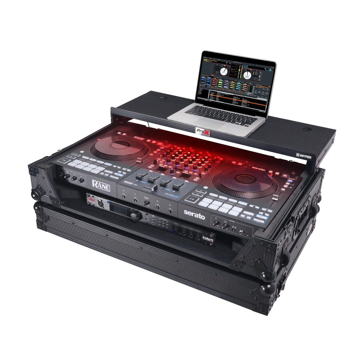ProX XS-RANEFOURWLTBLLED - ATA Flight Style Road Case For RANE Four or RANE Performer DJ Controller with Laptop Shelf 1U Rack Space LED and Wheels - Black.