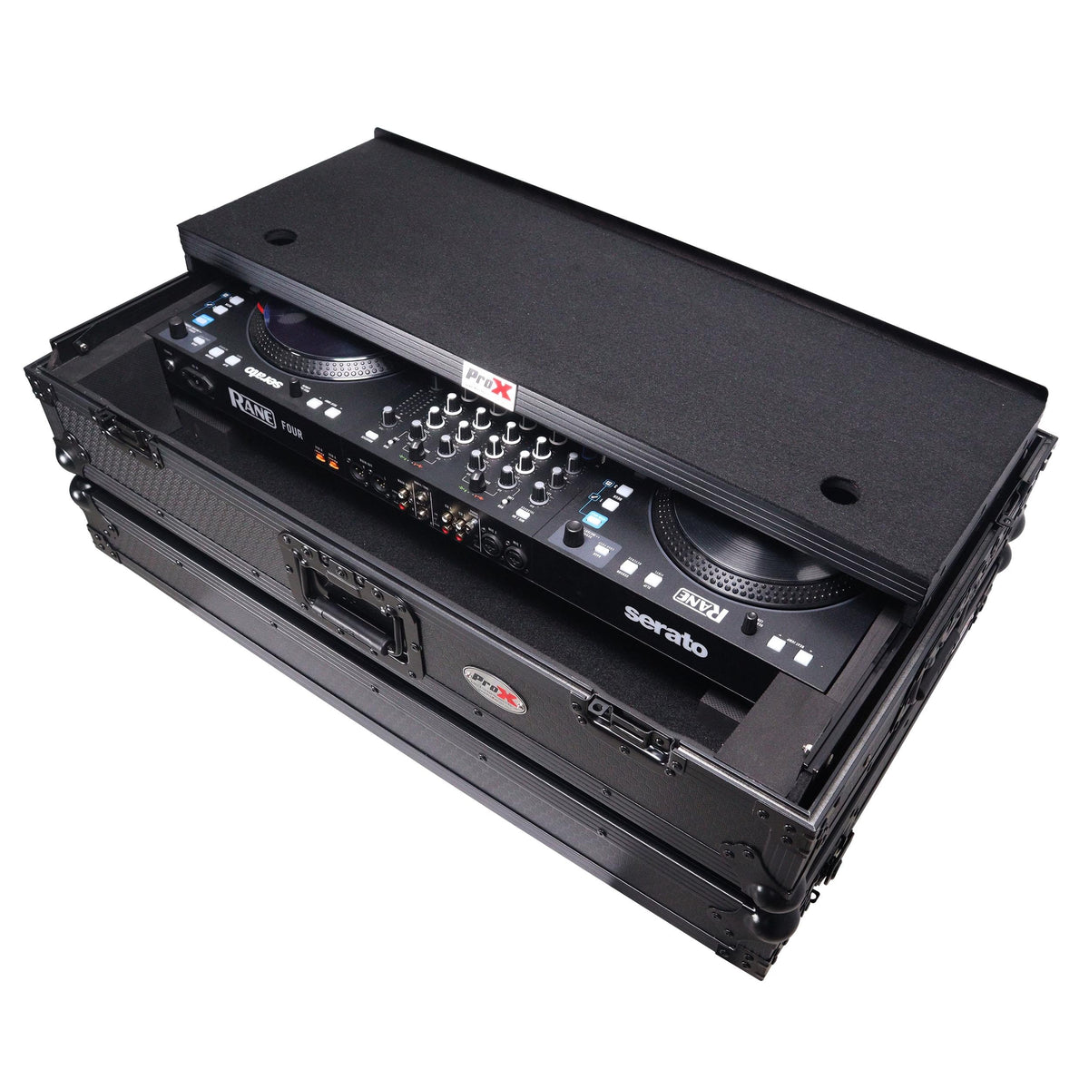 ProX XS-RANEFOURWLTBLLED - ATA Flight Style Road Case For RANE Four or RANE Performer DJ Controller with Laptop Shelf 1U Rack Space LED and Wheels - Black.