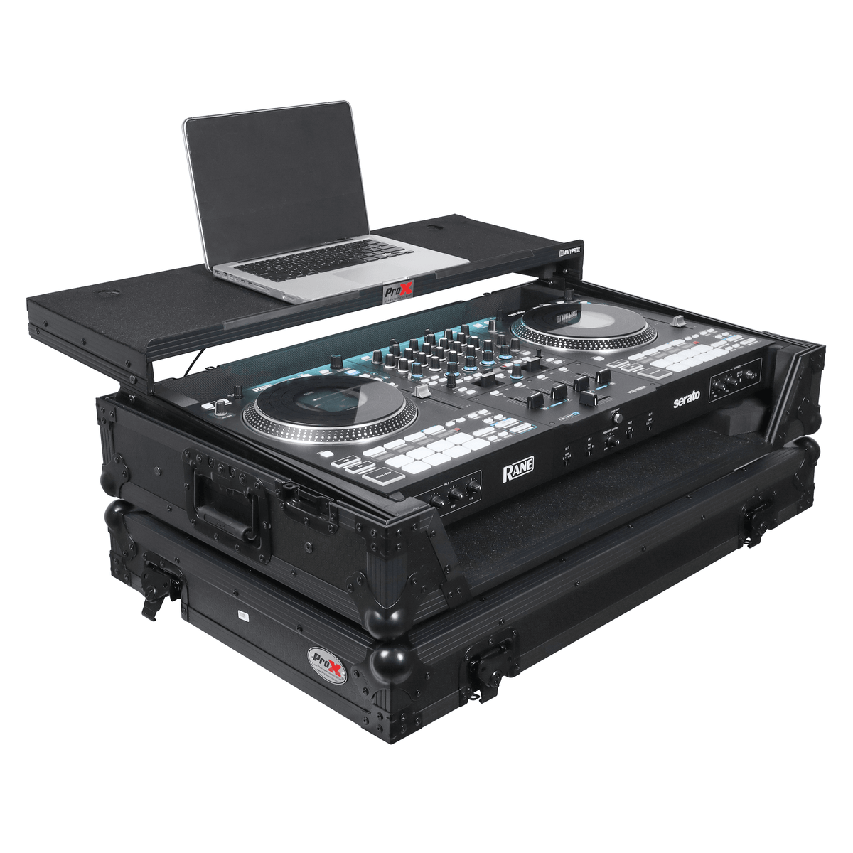 ProX XS-RANEFOURWLTBLLED - ATA Flight Style Road Case For RANE Four or RANE Performer DJ Controller with Laptop Shelf 1U Rack Space LED and Wheels - Black.