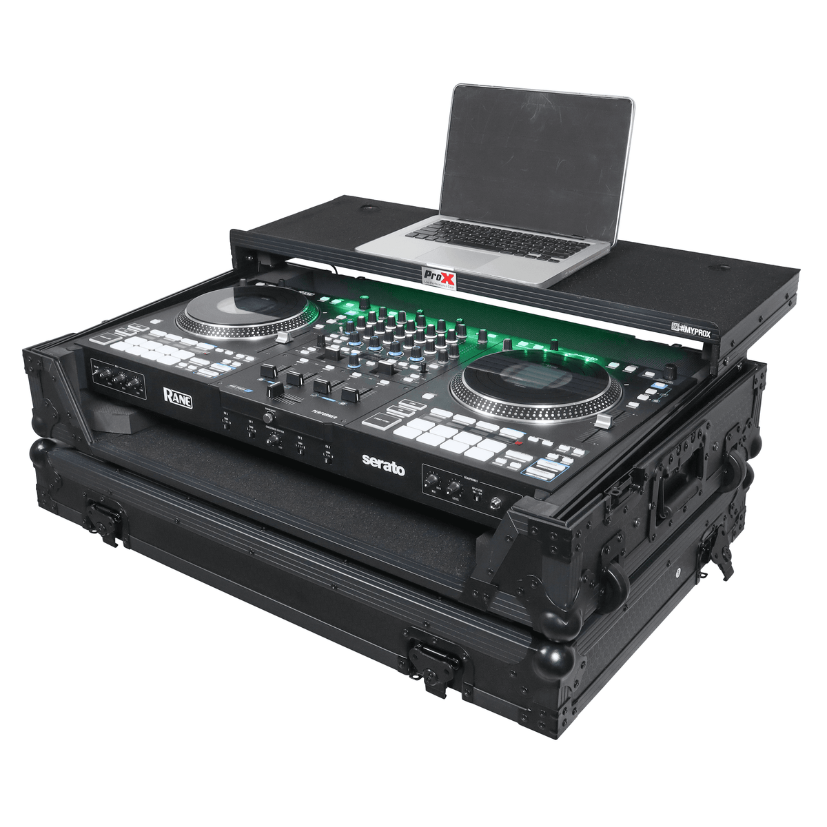 ProX XS-RANEFOURWLTBLLED - ATA Flight Style Road Case For RANE Four or RANE Performer DJ Controller with Laptop Shelf 1U Rack Space LED and Wheels - Black.