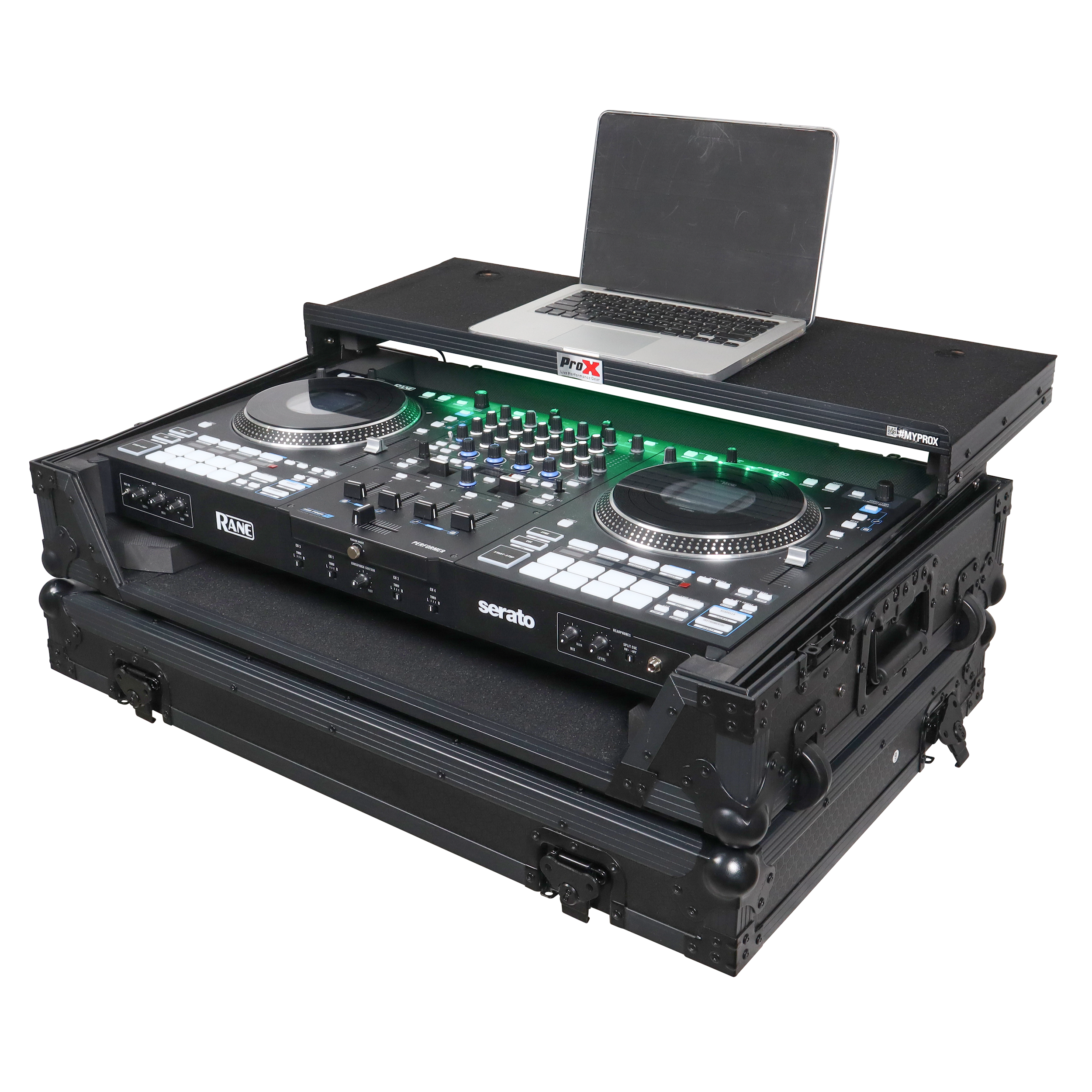 ProX XS-RANEFOURWLTBLLED - ATA Flight Style Road Case For RANE Four or RANE Performer DJ Controller with Laptop Shelf 1U Rack Space LED and Wheels - Black