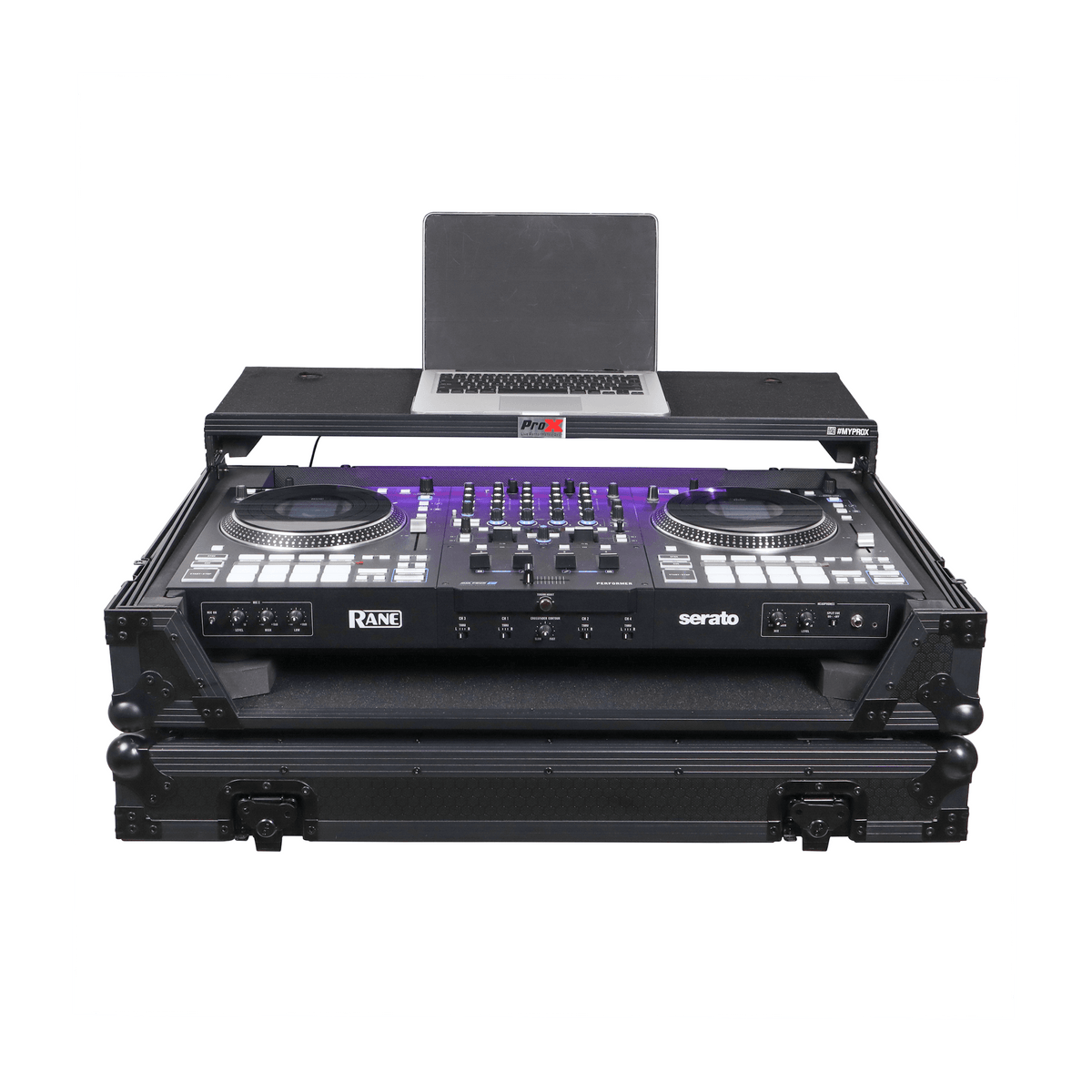 ProX XS-RANEFOURWLTBLLED - ATA Flight Style Road Case For RANE Four or RANE Performer DJ Controller with Laptop Shelf 1U Rack Space LED and Wheels - Black.