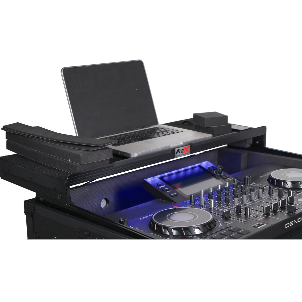 ProX XS-SCLIVE4WLTBLLED - ATA Flight Style Road Case For Denon SC Live 4 Controller with Laptop Shelf 1U Rack Space RGB LED Black Finish.