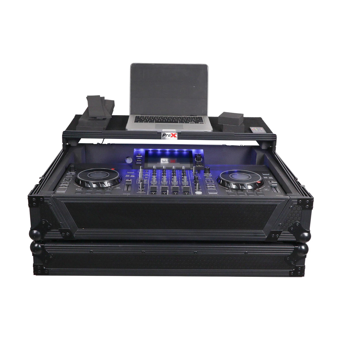 ProX XS-SCLIVE4WLTBLLED - ATA Flight Style Road Case For Denon SC Live 4 Controller with Laptop Shelf 1U Rack Space RGB LED Black Finish.
