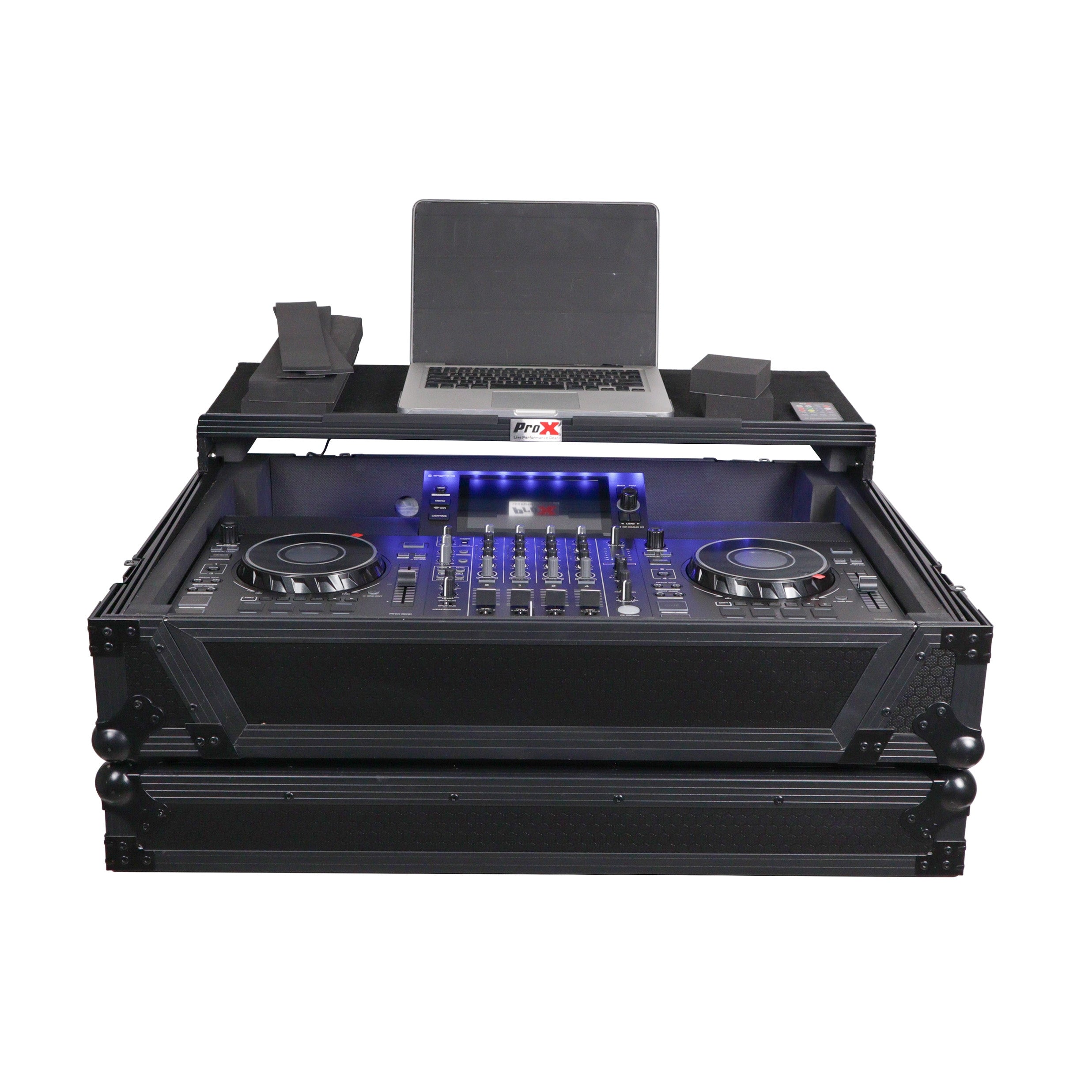 ProX XS-SCLIVE4WLTBLLED - ATA Flight Style Road Case For Denon SC Live 4 Controller with Laptop Shelf 1U Rack Space RGB LED Black Finish