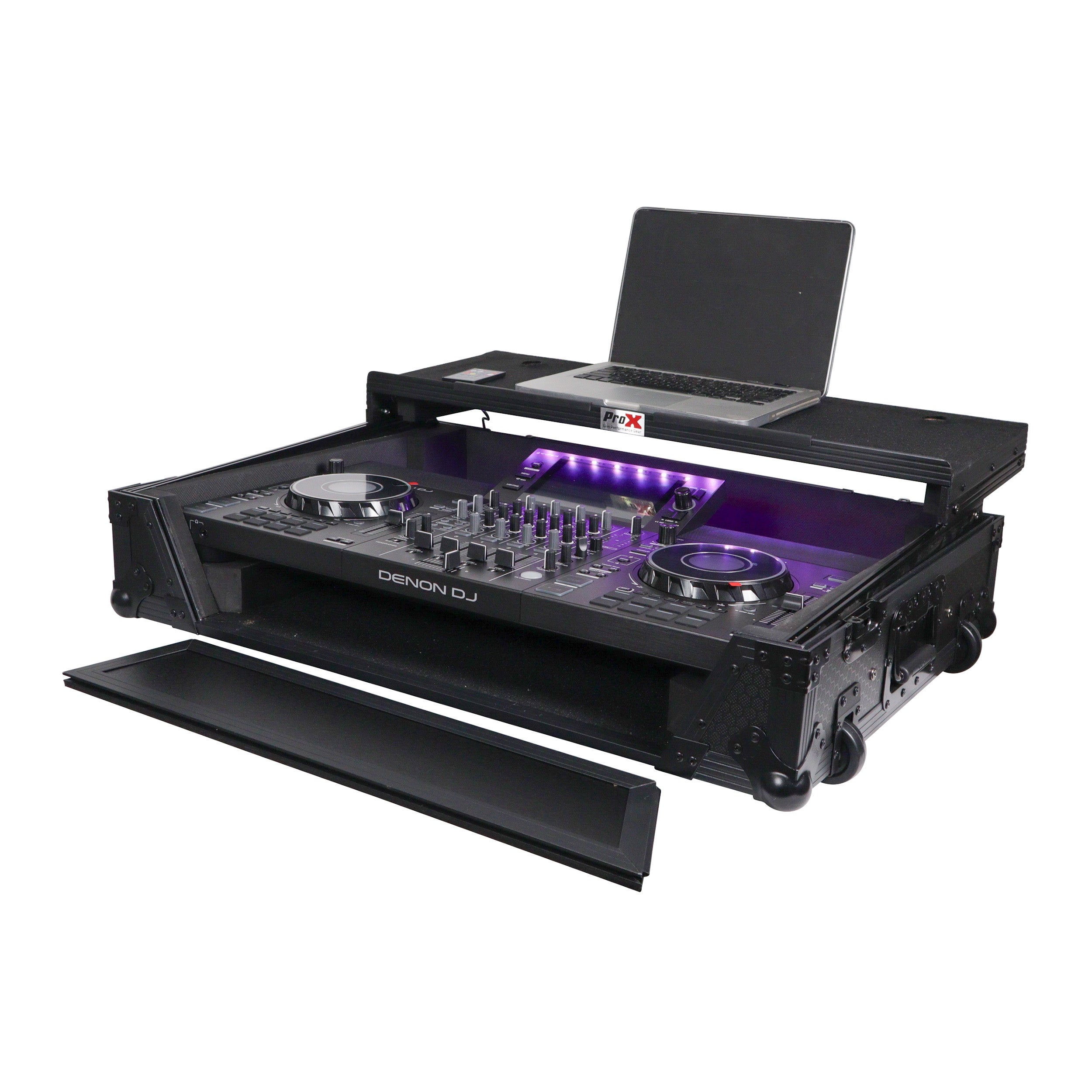 ProX XS-SCLIVE4WLTBLLED - ATA Flight Style Road Case For Denon SC Live 4 Controller with Laptop Shelf 1U Rack Space RGB LED Black Finish.