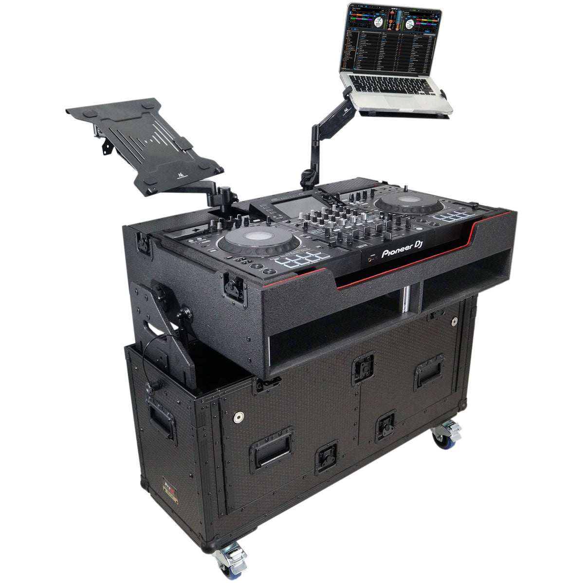 ProX XZF-UCXX - Flip-Ready Hydraulic DJ Flight Case For Pioneer DDJ-REV7 XDJ-XZ Opus Quad with Wheels and 2x Laptop Trays (Black).