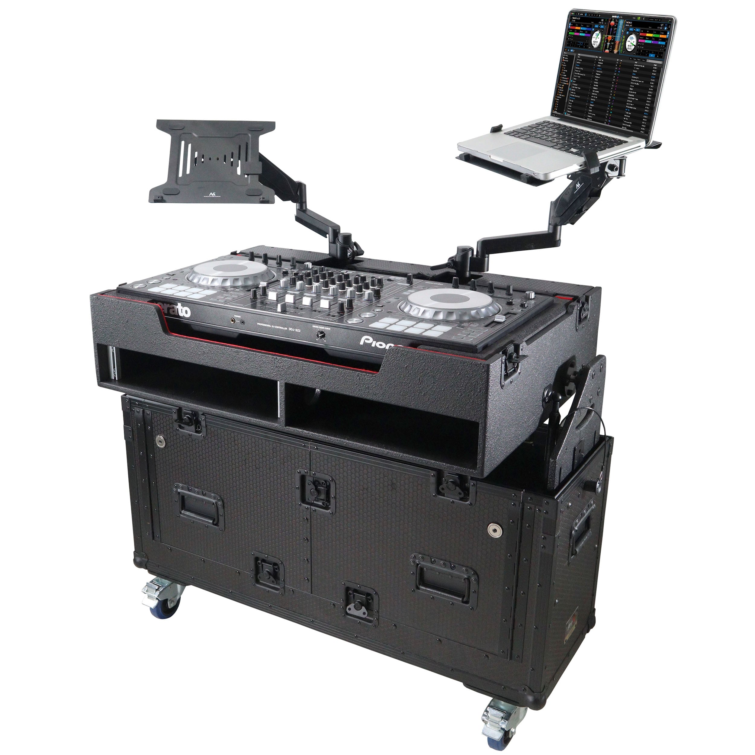 ProX XZF-UCXX - Flip-Ready Hydraulic DJ Flight Case For Pioneer DDJ-REV7 XDJ-XZ Opus Quad with Wheels and 2x Laptop Trays (Black)