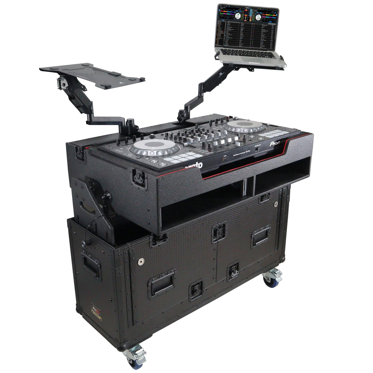 ProX XZF-UCXX - Flip-Ready Hydraulic DJ Flight Case For Pioneer DDJ-REV7 XDJ-XZ Opus Quad with Wheels and 2x Laptop Trays (Black).