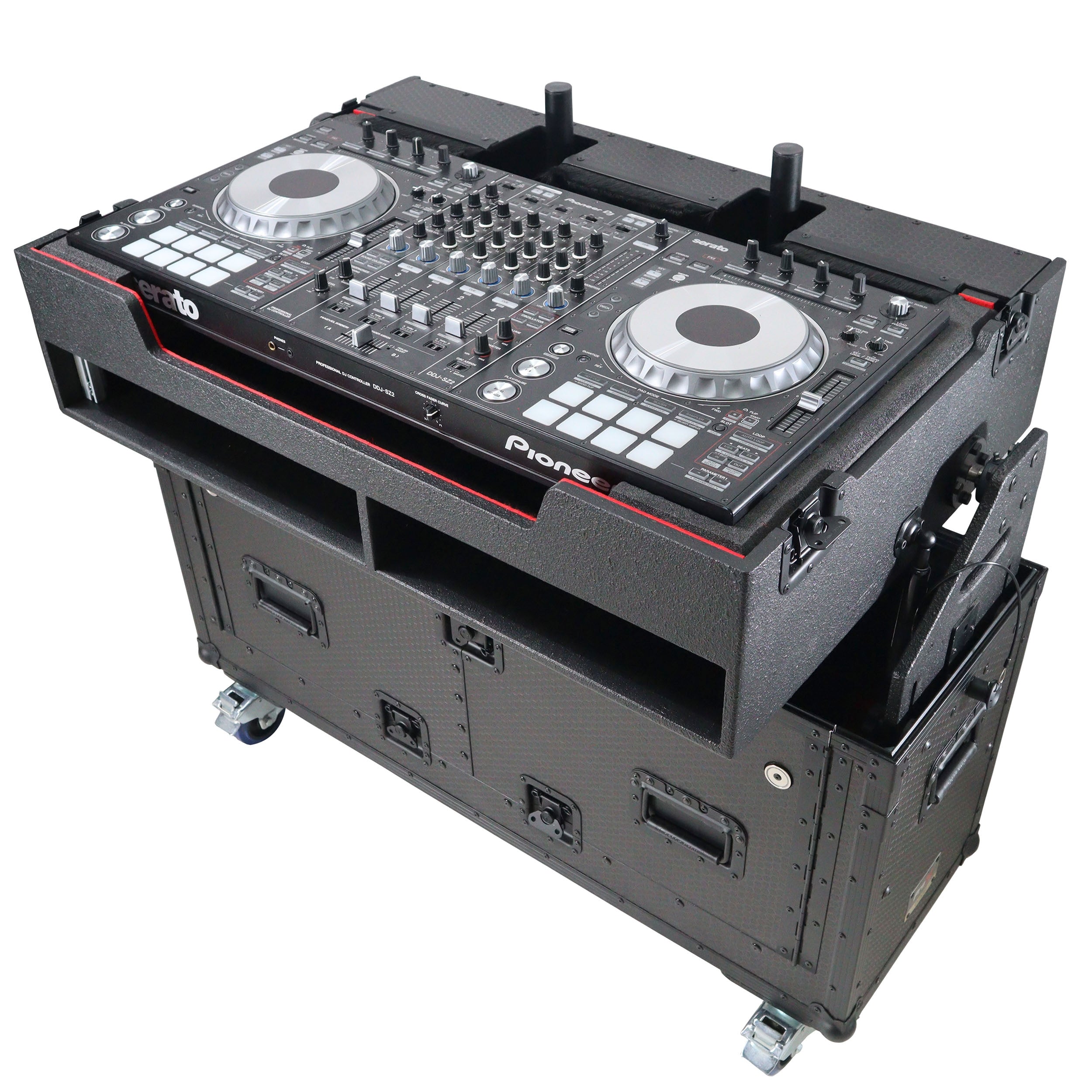 ProX XZF-UCXX - Flip-Ready Hydraulic DJ Flight Case For Pioneer DDJ-REV7 XDJ-XZ Opus Quad with Wheels and 2x Laptop Trays (Black)