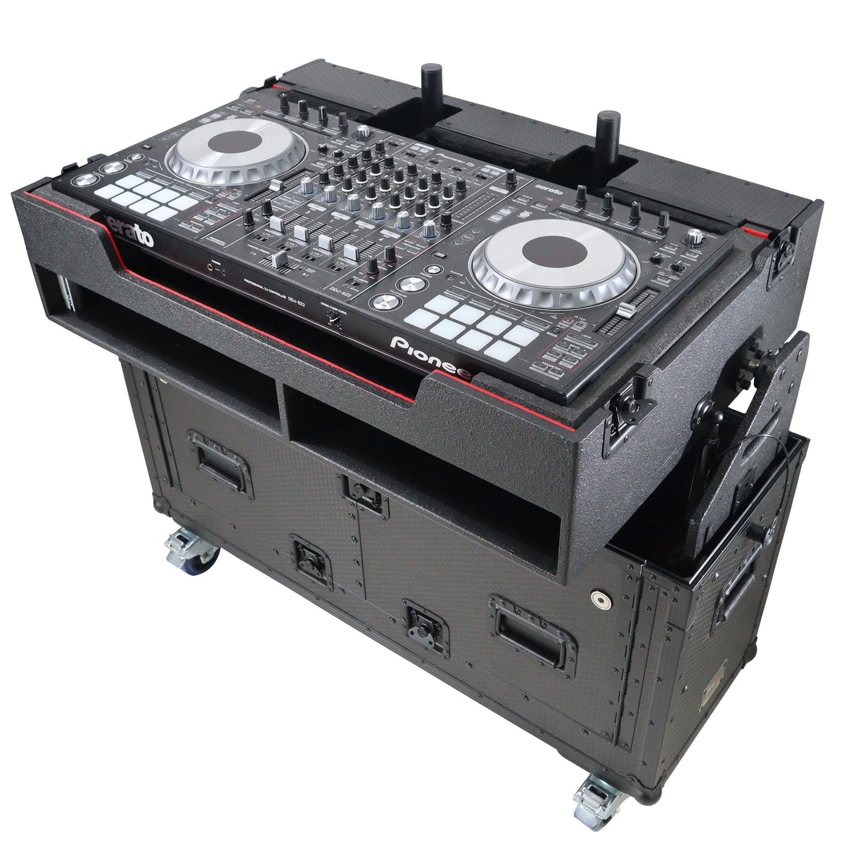 ProX XZF-UCXX - Flip-Ready Hydraulic DJ Flight Case For Pioneer DDJ-REV7 XDJ-XZ Opus Quad with Wheels and 2x Laptop Trays (Black).