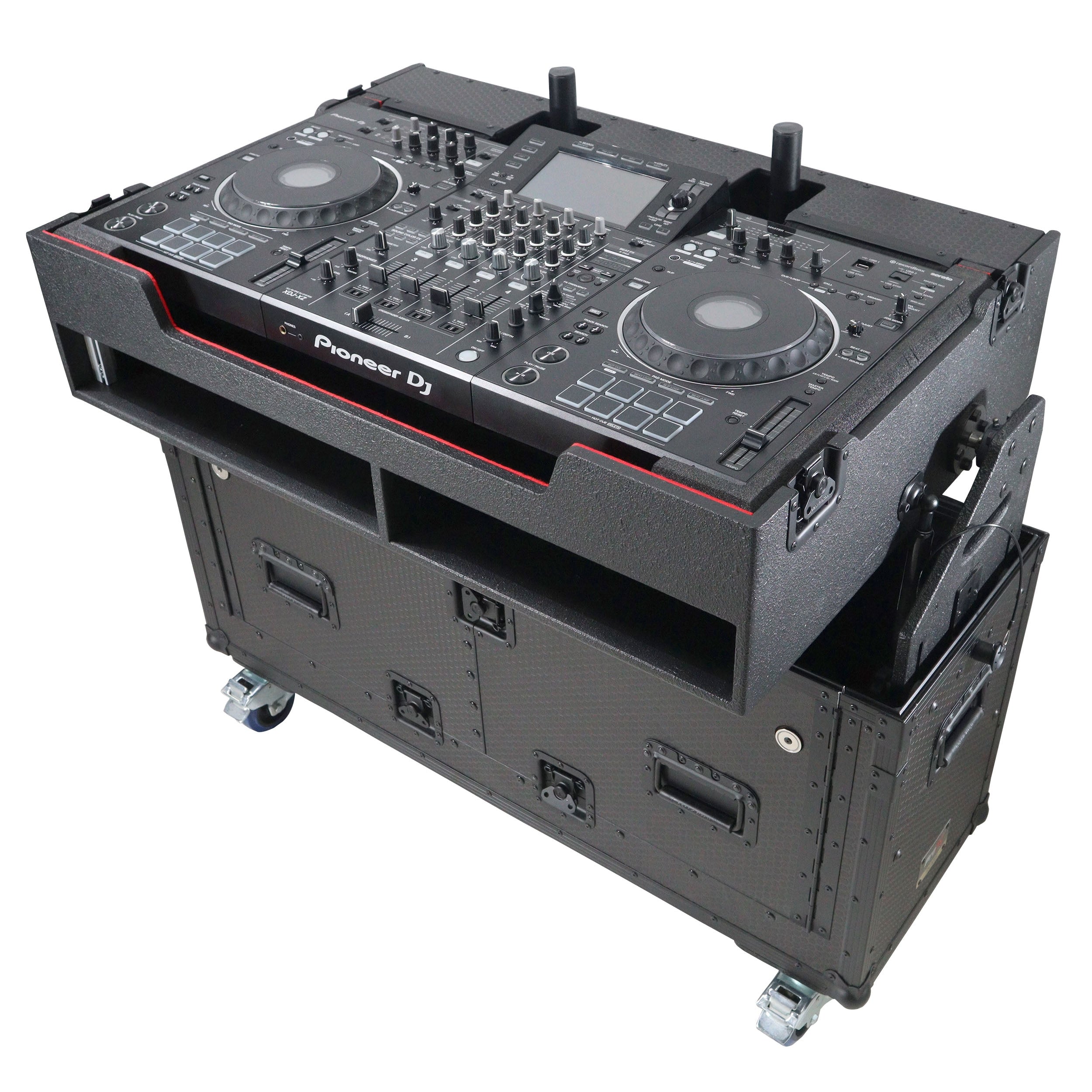 ProX XZF-UCXX - Flip-Ready Hydraulic DJ Flight Case For Pioneer DDJ-REV7 XDJ-XZ Opus Quad with Wheels and 2x Laptop Trays (Black)