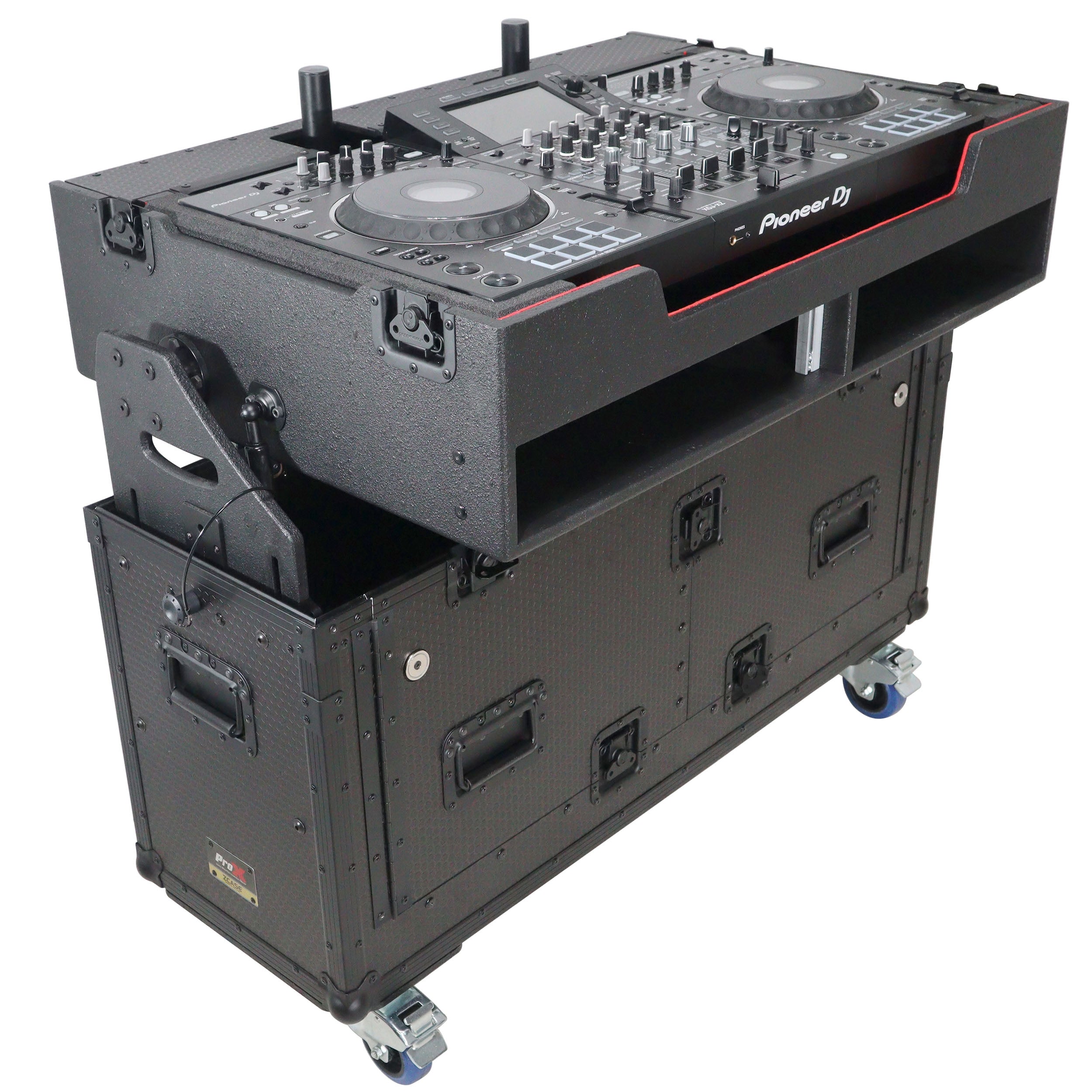 ProX XZF-UCXX - Flip-Ready Hydraulic DJ Flight Case For Pioneer DDJ-REV7 XDJ-XZ Opus Quad with Wheels and 2x Laptop Trays (Black)