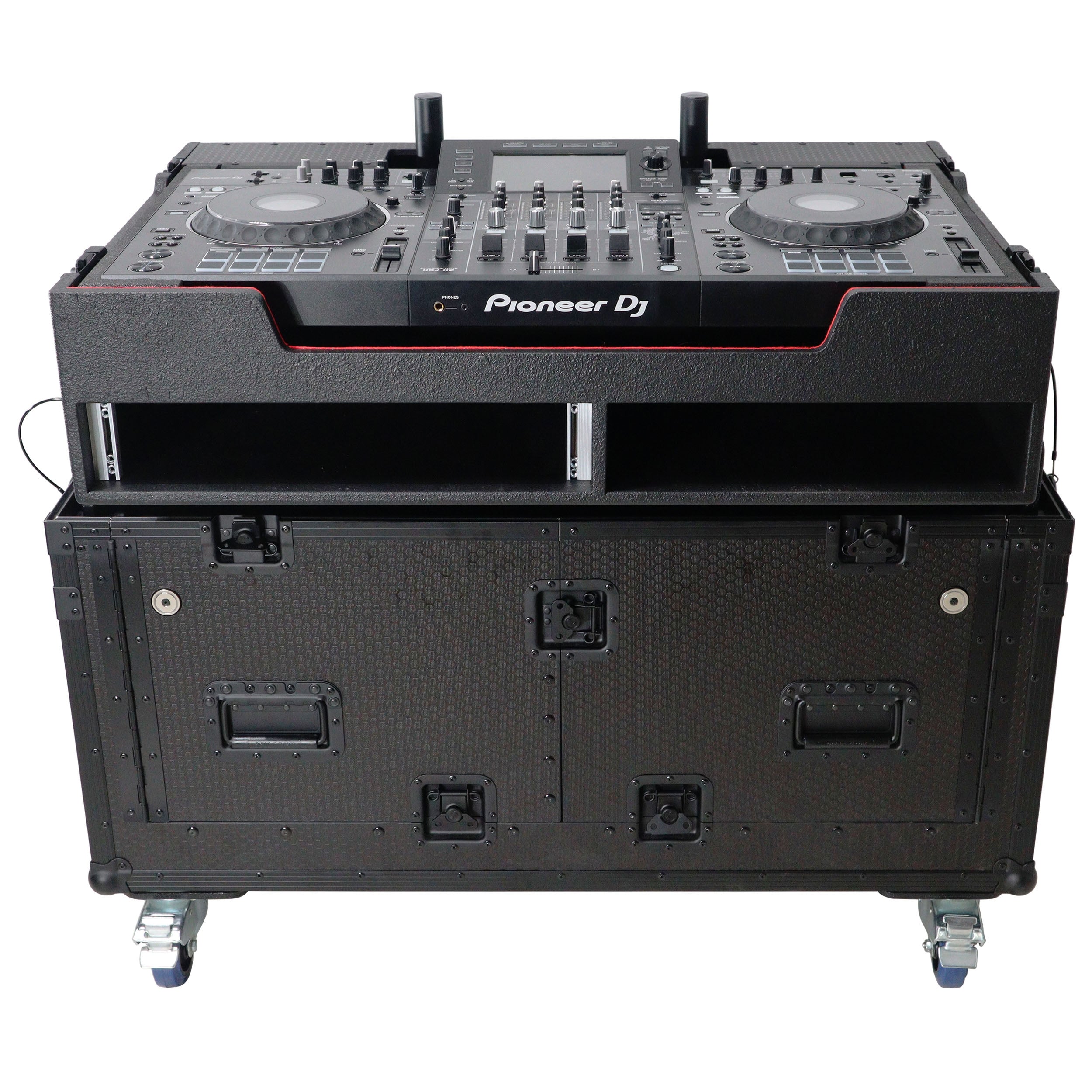 ProX XZF-UCXX - Flip-Ready Hydraulic DJ Flight Case For Pioneer DDJ-REV7 XDJ-XZ Opus Quad with Wheels and 2x Laptop Trays (Black)