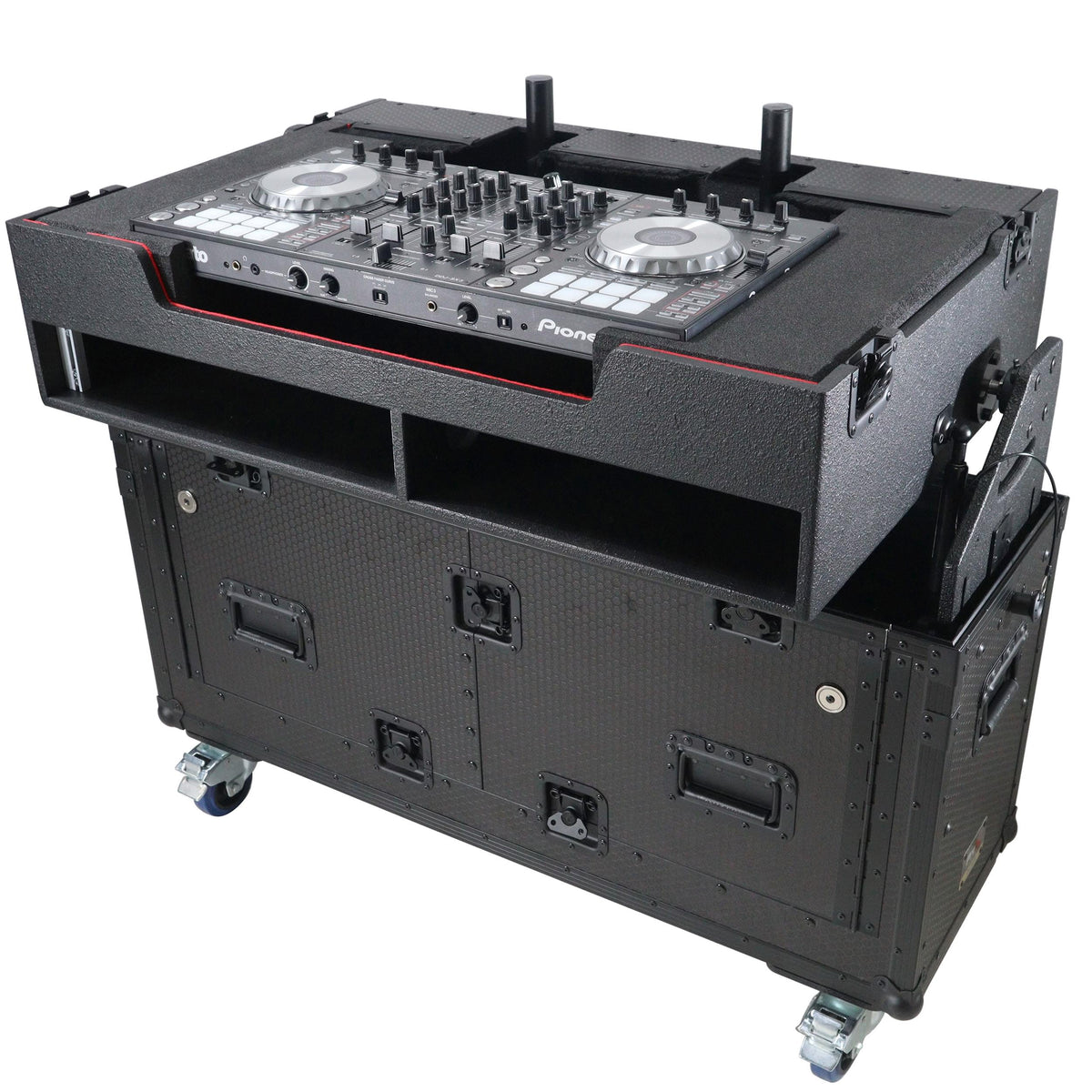 ProX XZF-UCXX - Flip-Ready Hydraulic DJ Flight Case For Pioneer DDJ-REV7 XDJ-XZ Opus Quad with Wheels and 2x Laptop Trays (Black).