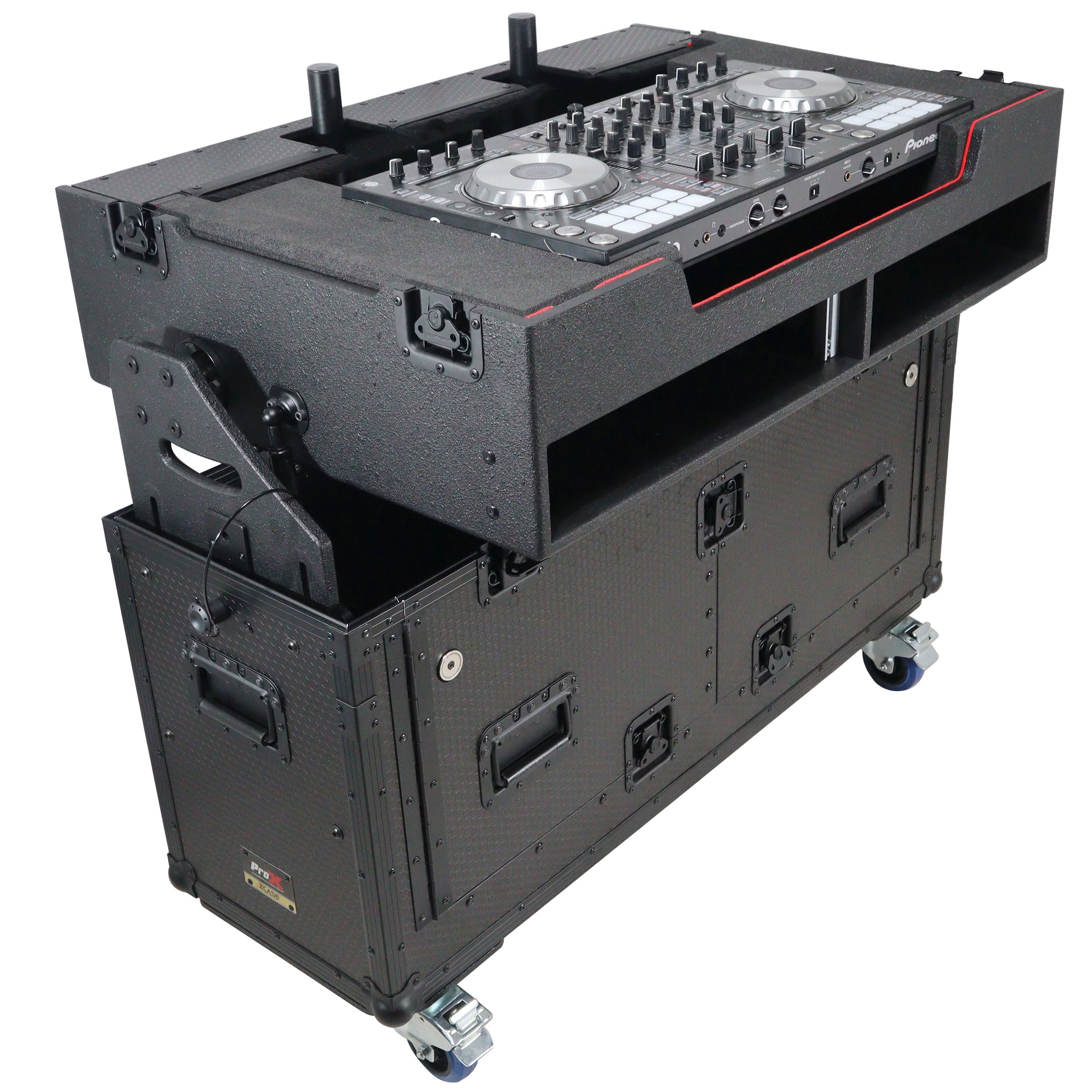 ProX XZF-UCXX - Flip-Ready Hydraulic DJ Flight Case For Pioneer DDJ-REV7 XDJ-XZ Opus Quad with Wheels and 2x Laptop Trays (Black)
