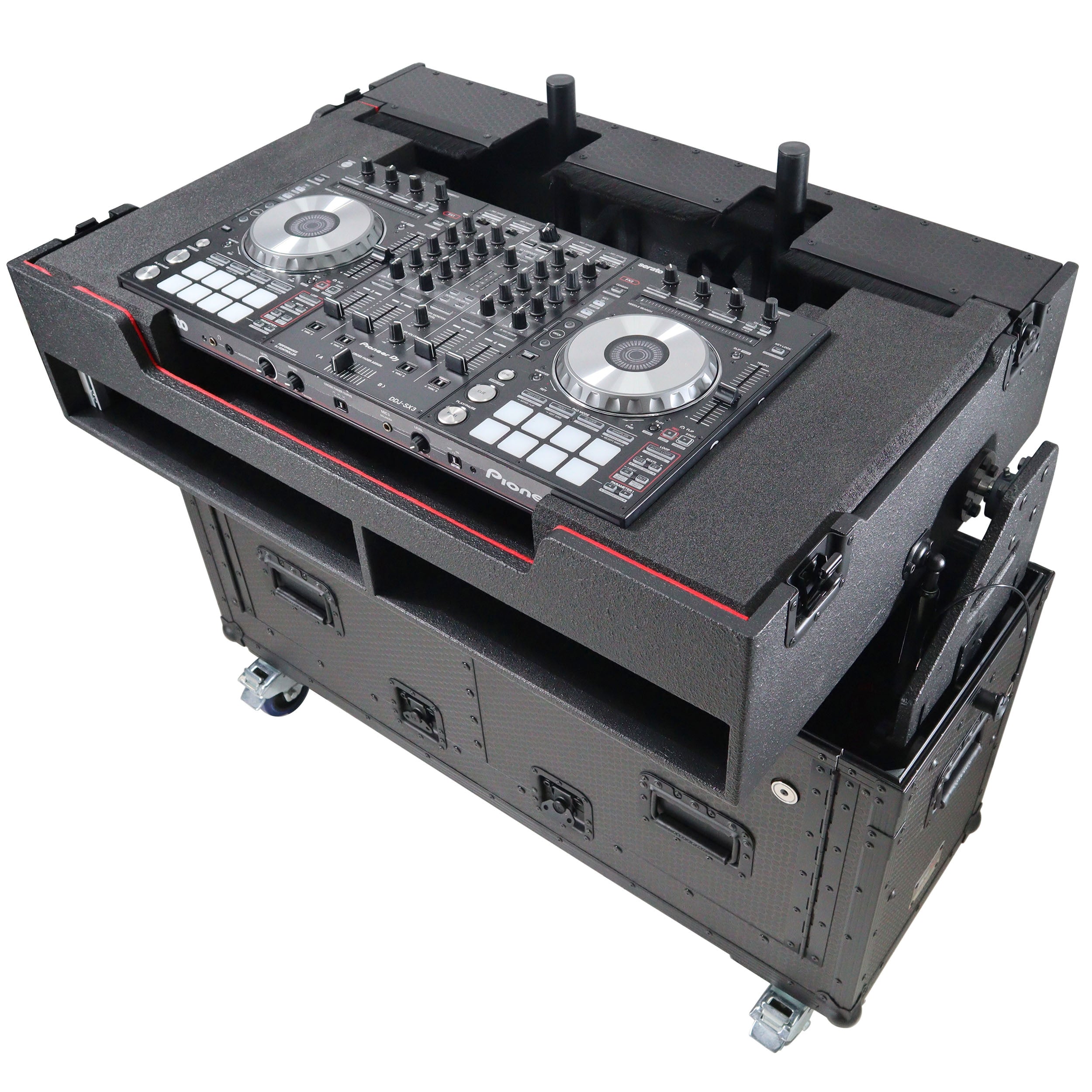 ProX XZF-UCXX - Flip-Ready Hydraulic DJ Flight Case For Pioneer DDJ-REV7 XDJ-XZ Opus Quad with Wheels and 2x Laptop Trays (Black)