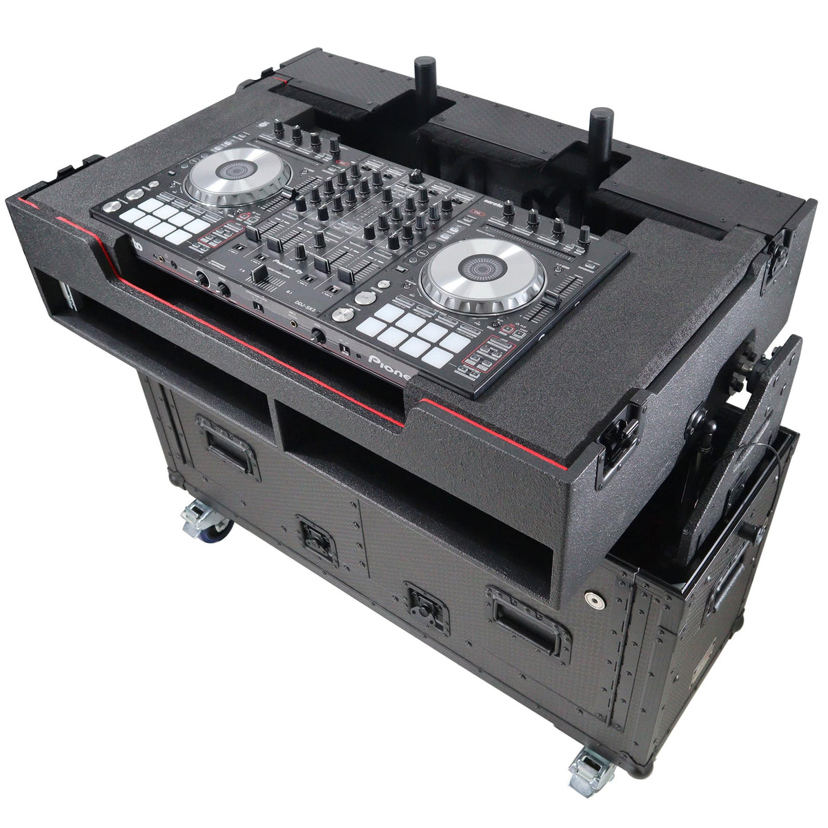 ProX XZF-UCXX - Flip-Ready Hydraulic DJ Flight Case For Pioneer DDJ-REV7 XDJ-XZ Opus Quad with Wheels and 2x Laptop Trays (Black).