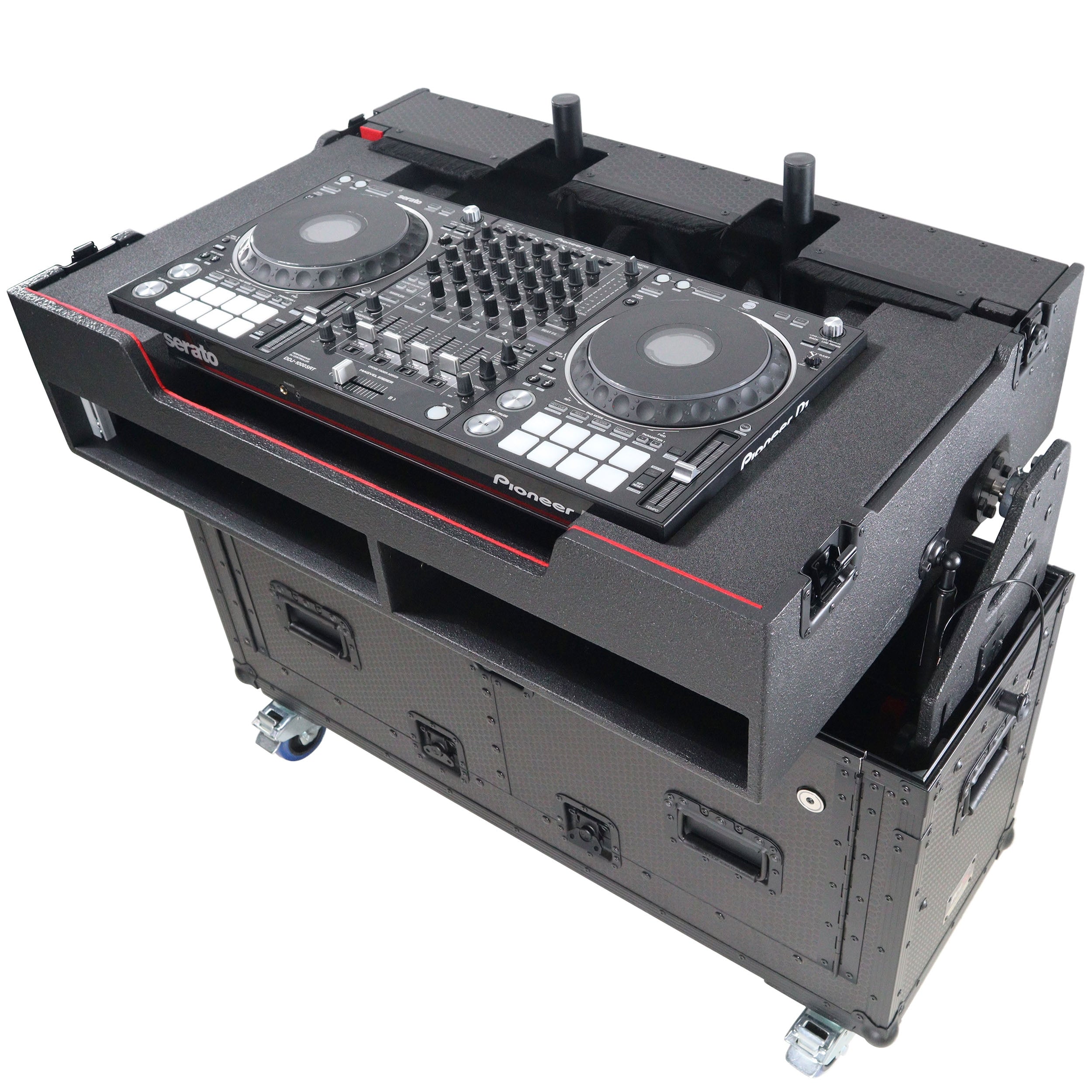 ProX XZF-UCXX - Flip-Ready Hydraulic DJ Flight Case For Pioneer DDJ-REV7 XDJ-XZ Opus Quad with Wheels and 2x Laptop Trays (Black)