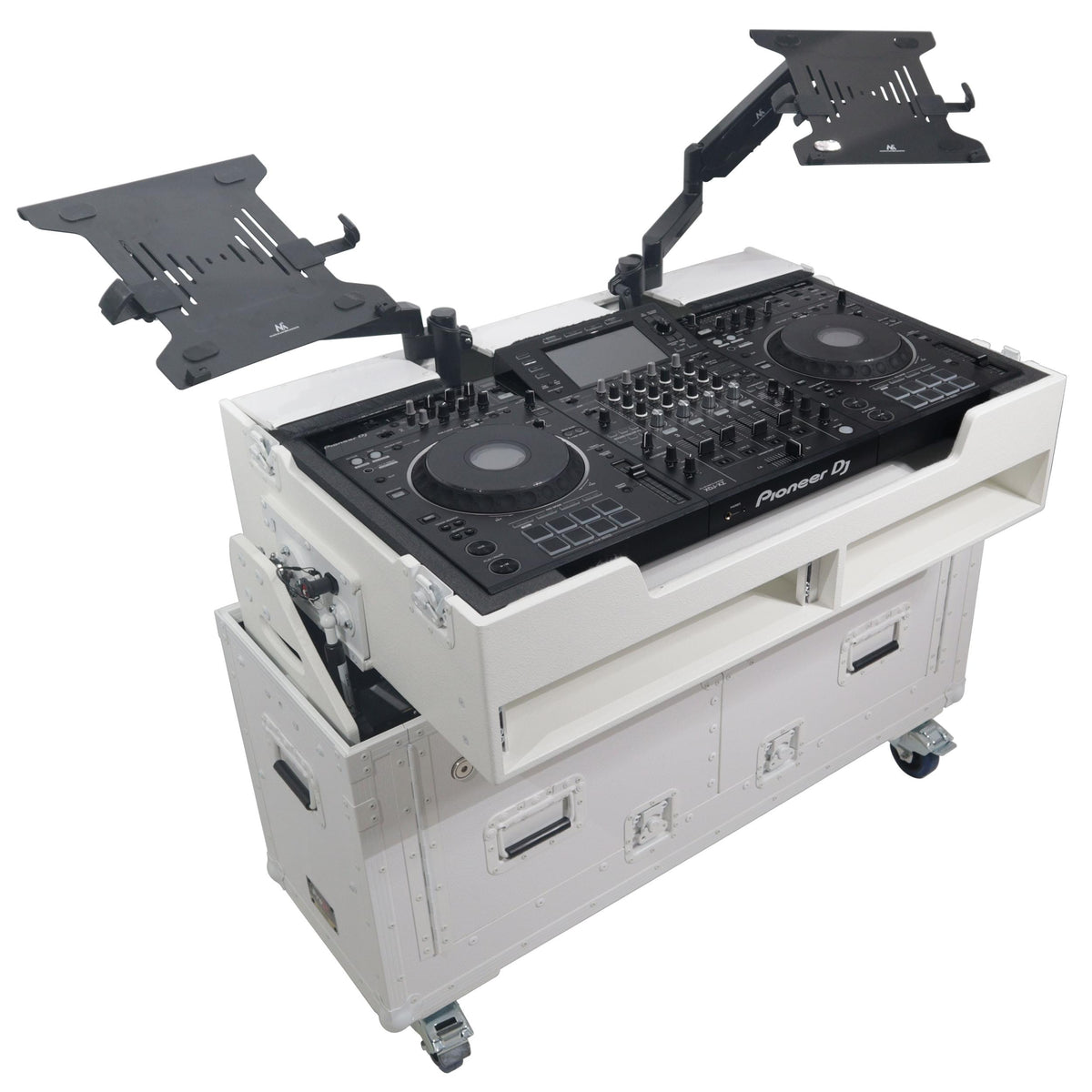 ProX XZF-UCXXWHITE - Flip-Ready Hydraulic DJ Flight Case For Pioneer DDJ-REV7 XDJ-XZ Opus Quad with Wheels and 2x Laptop Trays (White).