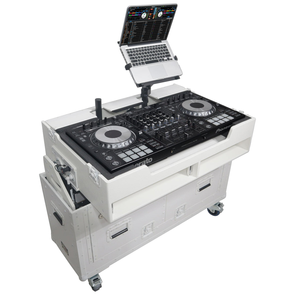 ProX XZF-UCXXWHITE - Flip-Ready Hydraulic DJ Flight Case For Pioneer DDJ-REV7 XDJ-XZ Opus Quad with Wheels and 2x Laptop Trays (White).