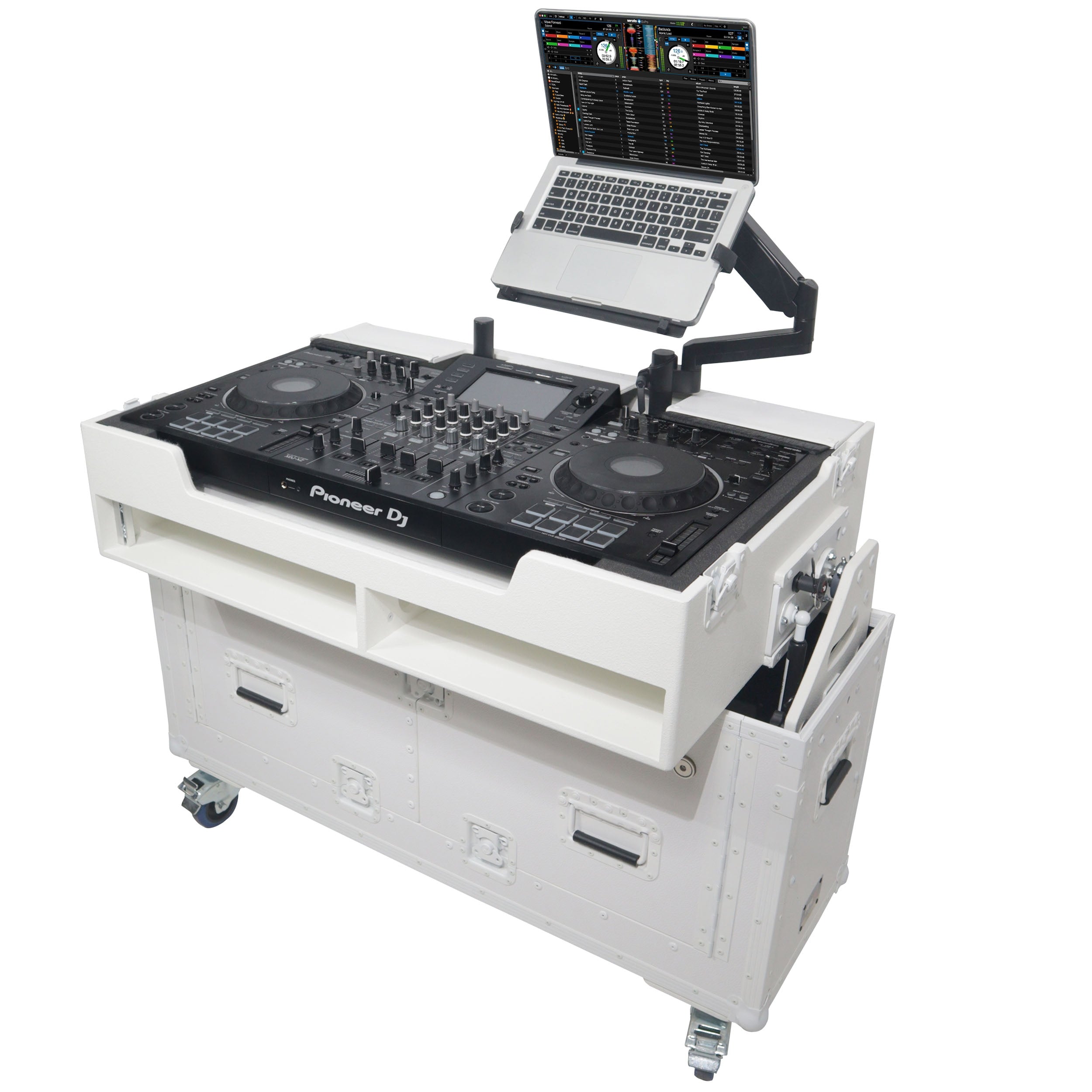 ProX XZF-UCXXWHITE - Flip-Ready Hydraulic DJ Flight Case For Pioneer DDJ-REV7 XDJ-XZ Opus Quad with Wheels and 2x Laptop Trays (White)