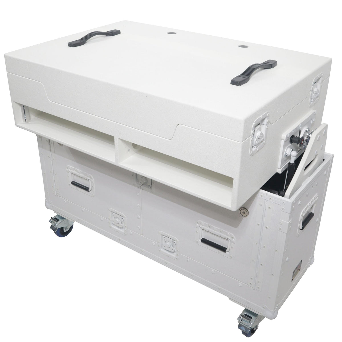ProX XZF-UCXXWHITE - Flip-Ready Hydraulic DJ Flight Case For Pioneer DDJ-REV7 XDJ-XZ Opus Quad with Wheels and 2x Laptop Trays (White).