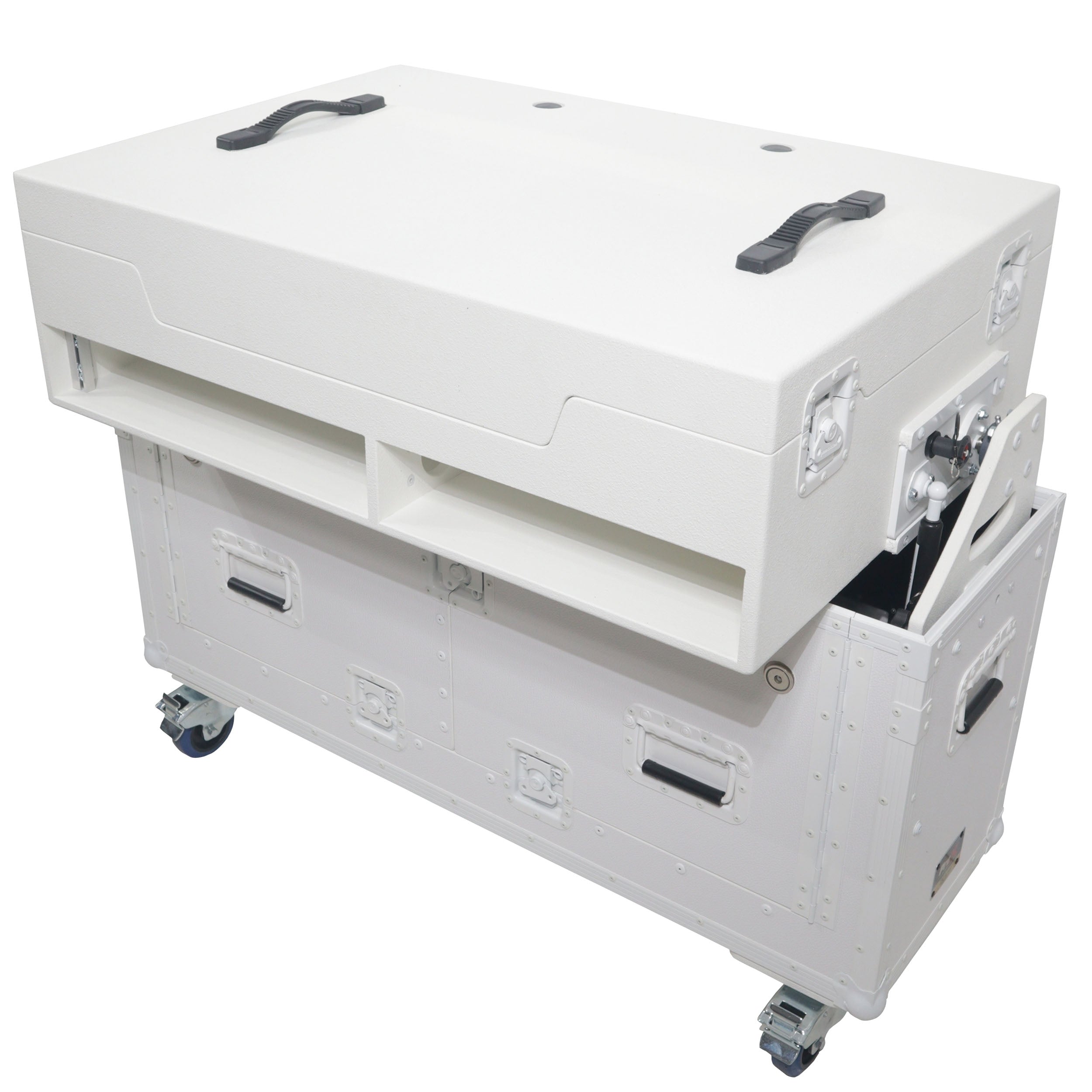 ProX XZF-UCXXWHITE - Flip-Ready Hydraulic DJ Flight Case For Pioneer DDJ-REV7 XDJ-XZ Opus Quad with Wheels and 2x Laptop Trays (White)