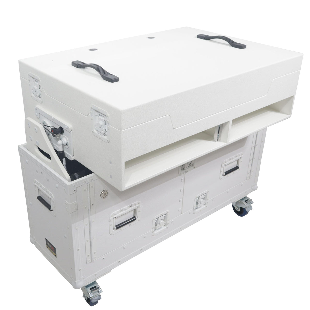 ProX XZF-UCXXWHITE - Flip-Ready Hydraulic DJ Flight Case For Pioneer DDJ-REV7 XDJ-XZ Opus Quad with Wheels and 2x Laptop Trays (White).
