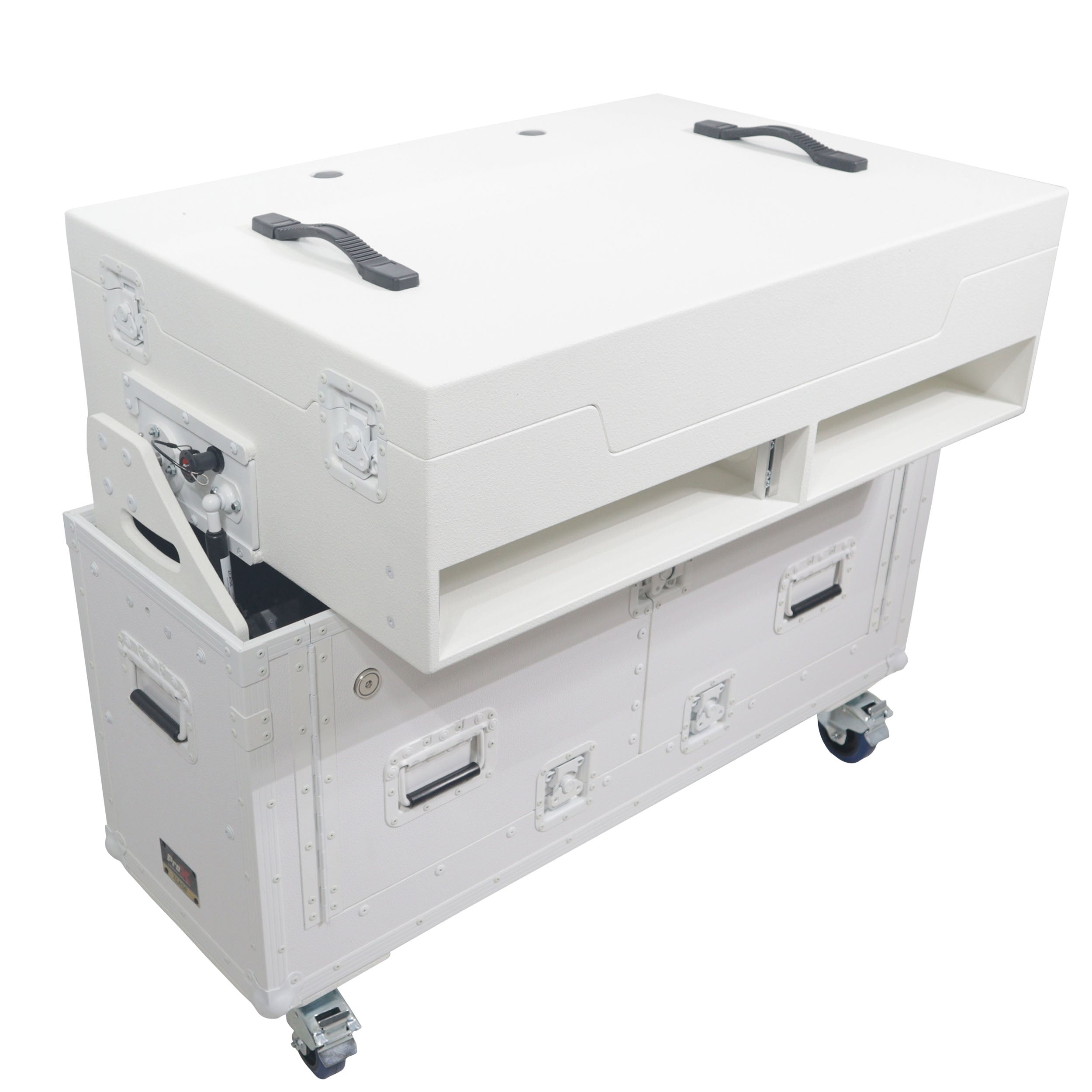 ProX XZF-UCXXWHITE - Flip-Ready Hydraulic DJ Flight Case For Pioneer DDJ-REV7 XDJ-XZ Opus Quad with Wheels and 2x Laptop Trays (White)