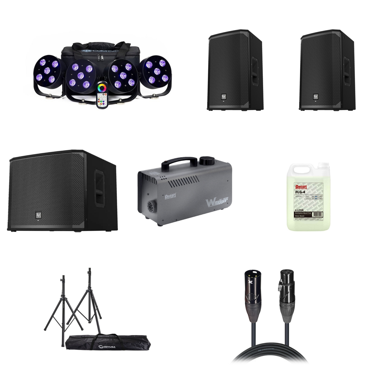 Party Rocker Bundle: Colorkey MobilePar HEX 5 4-Pack, 2x Electro-Voice EKX-12P, EKX-15SP subwoofer, Antari W-508 fog machine, FLG-4 fluid, Odyssey stands, ProX XLR cables