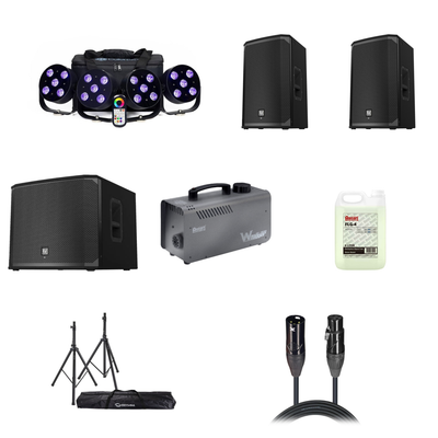 Party Rocker Bundle: Colorkey MobilePar HEX 5 4-Pack, 2x Electro-Voice EKX-12P, EKX-15SP subwoofer, Antari W-508 fog machine, FLG-4 fluid, Odyssey stands, ProX XLR cables