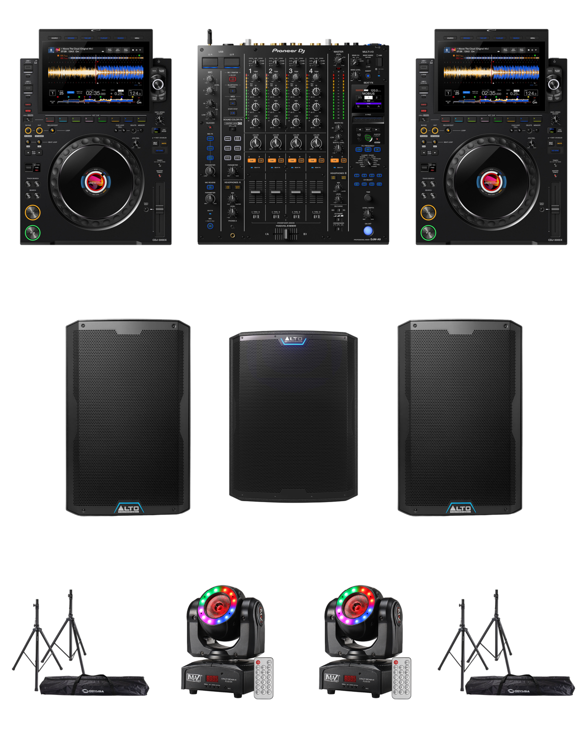 AlphaTheta CDJ-3000X Gig Ready Bundle: 2x CDJ-3000X, DJM-A9, Alto TS415 x2, TS18S, Odyssey LTS2X2B x2, JMAZ Crazy Beam 40 Fusion x2