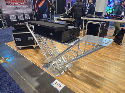 ProX XT-VERRAZANO24 - VERRAZANO V-Shape Aluminum Truss DJ Table with Elevated Monitor Shelves and 24" Base Plate.