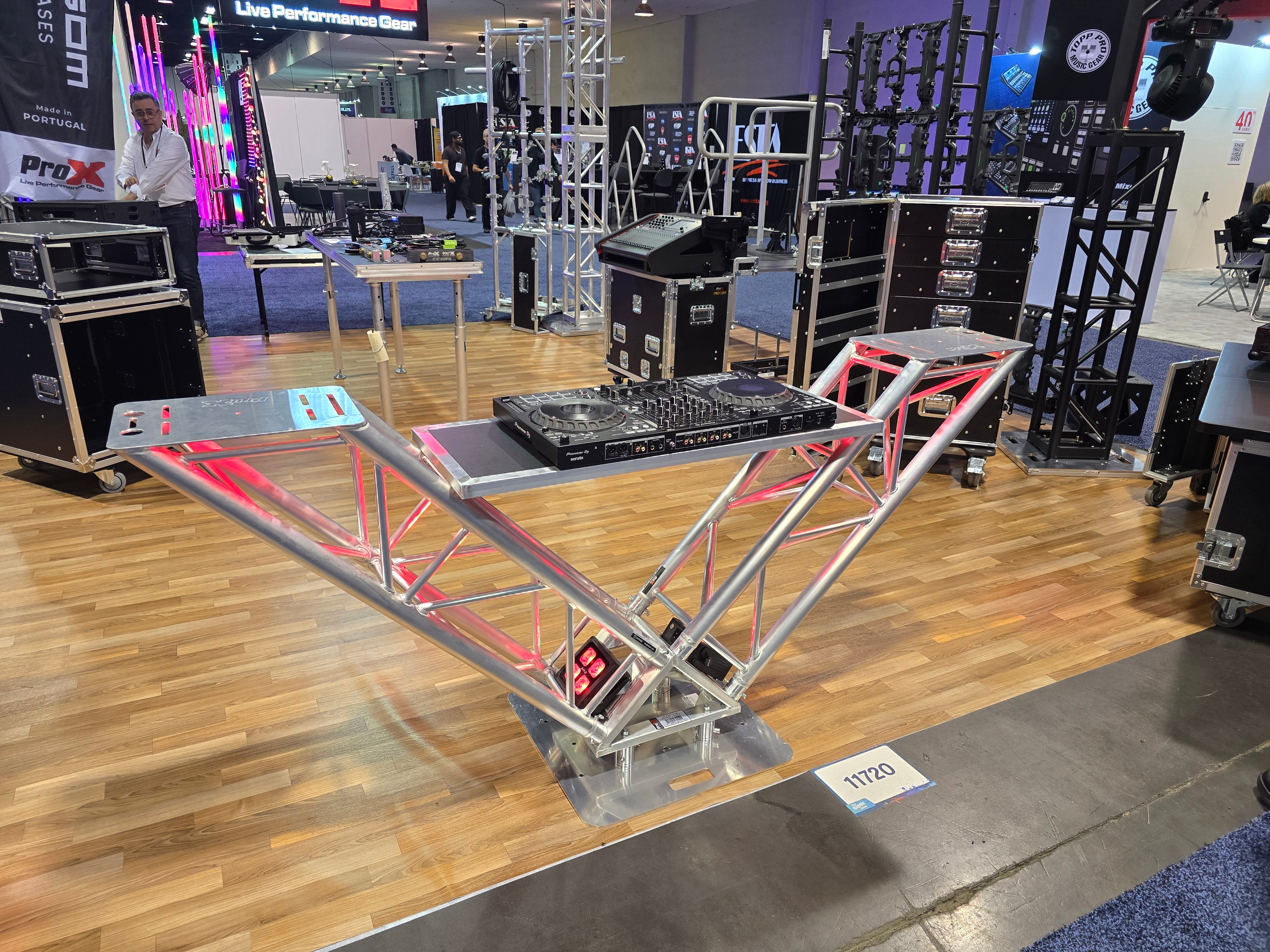 ProX XT-VERRAZANO24 - VERRAZANO V-Shape Aluminum Truss DJ Table with Elevated Monitor Shelves and 24" Base Plate.