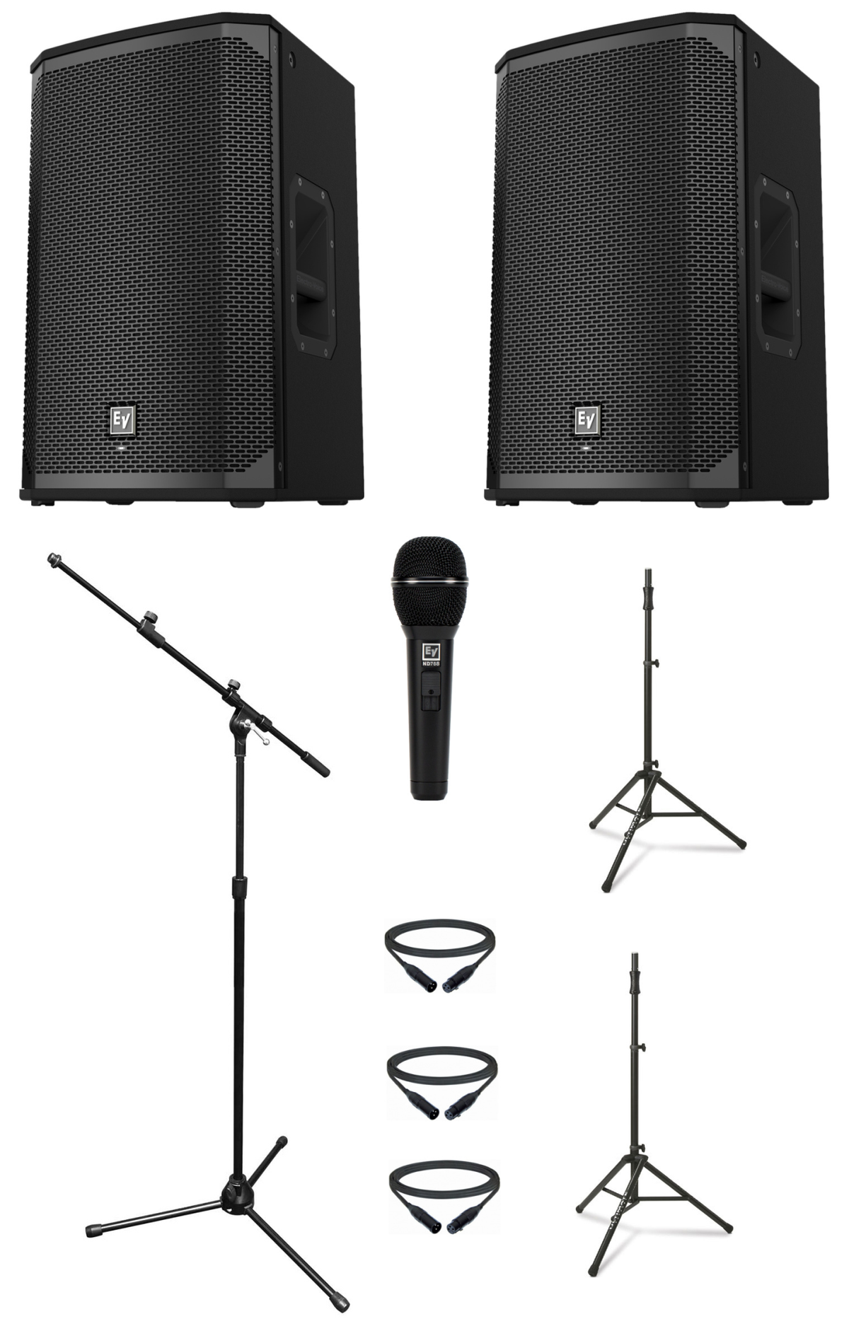 Electro-Voice Dual EKX-12P Bundle 3 - Kit with 2 EKX-12P 12" Speakers, 1 ND765 Microphone, Mic Stand, 2 Speaker Stands and 3 Cables