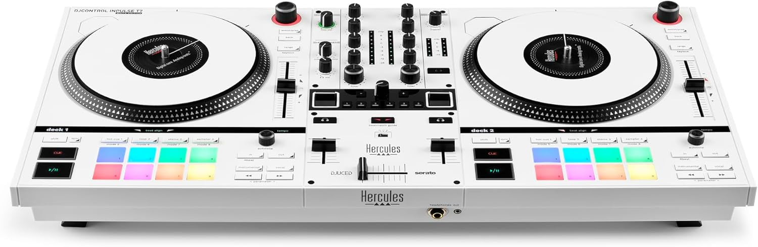 Hercules DJ Control Inpulse T7 (White) - 2-Channel DJ Controller for Serato & Djuced with 7" spinning platters (White, Limited Edition)