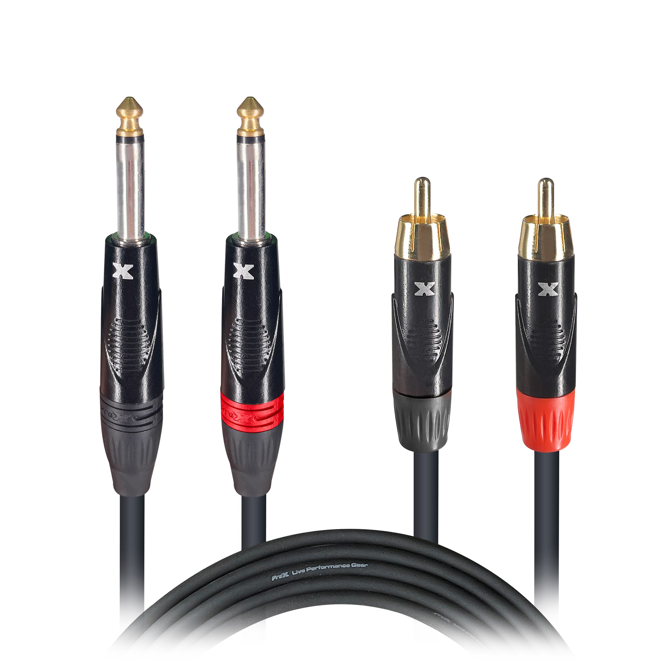 ProX 10' Ft. High Performance 1/4” Male TS to Dual RCA Male Unbalanced Audio Cable