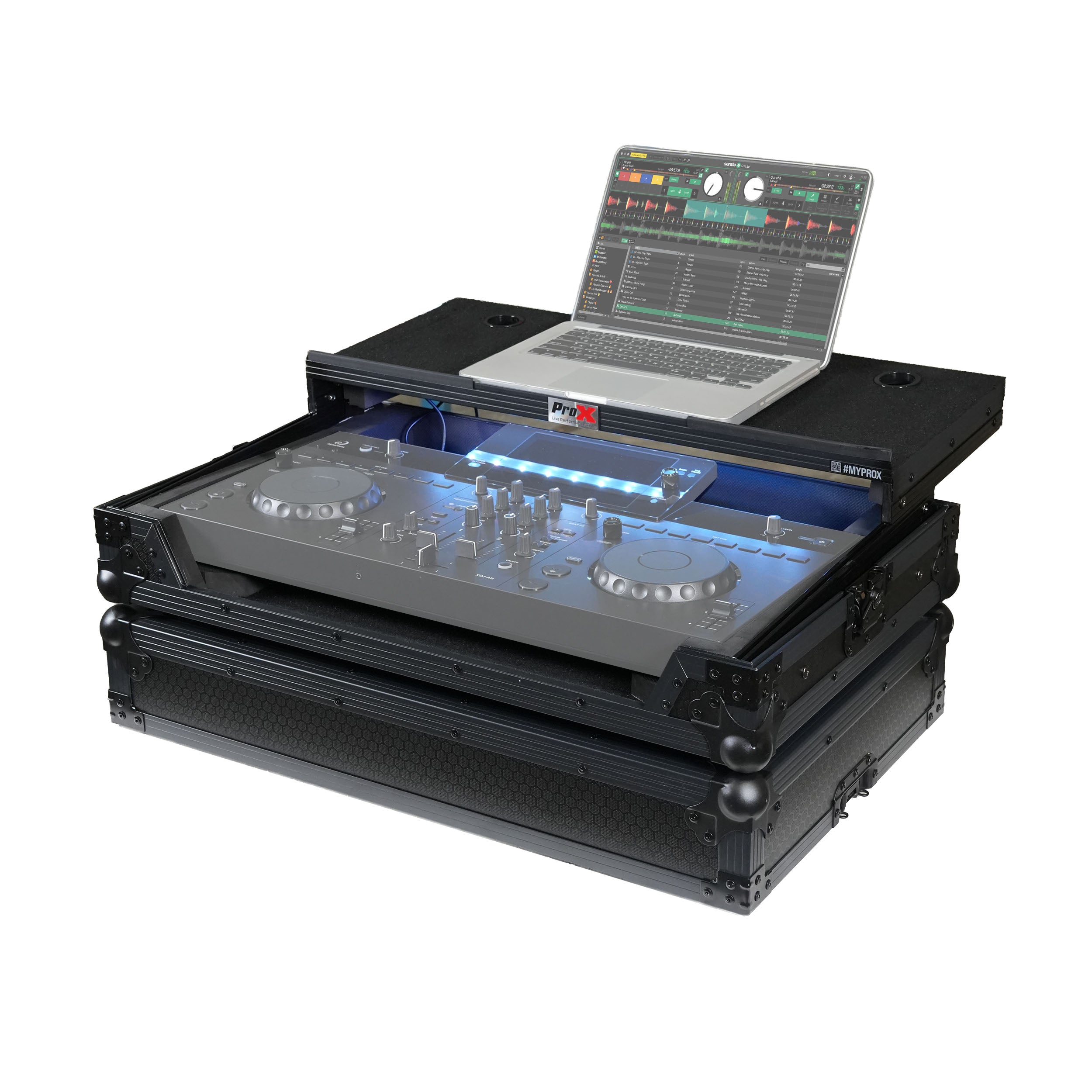 ProX XS-XDJANLTBLLED ATA Flight Case for AlphaTheta XDJ-AN DJ Controller with Laptop Shelf and RGB LED All Black