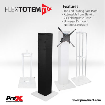 ProX Flex Totem TV - 3ft to 6ft Height Adjustable Totem Stand Incl. TV Mount, Foldable Base Plate and Speaker Stud