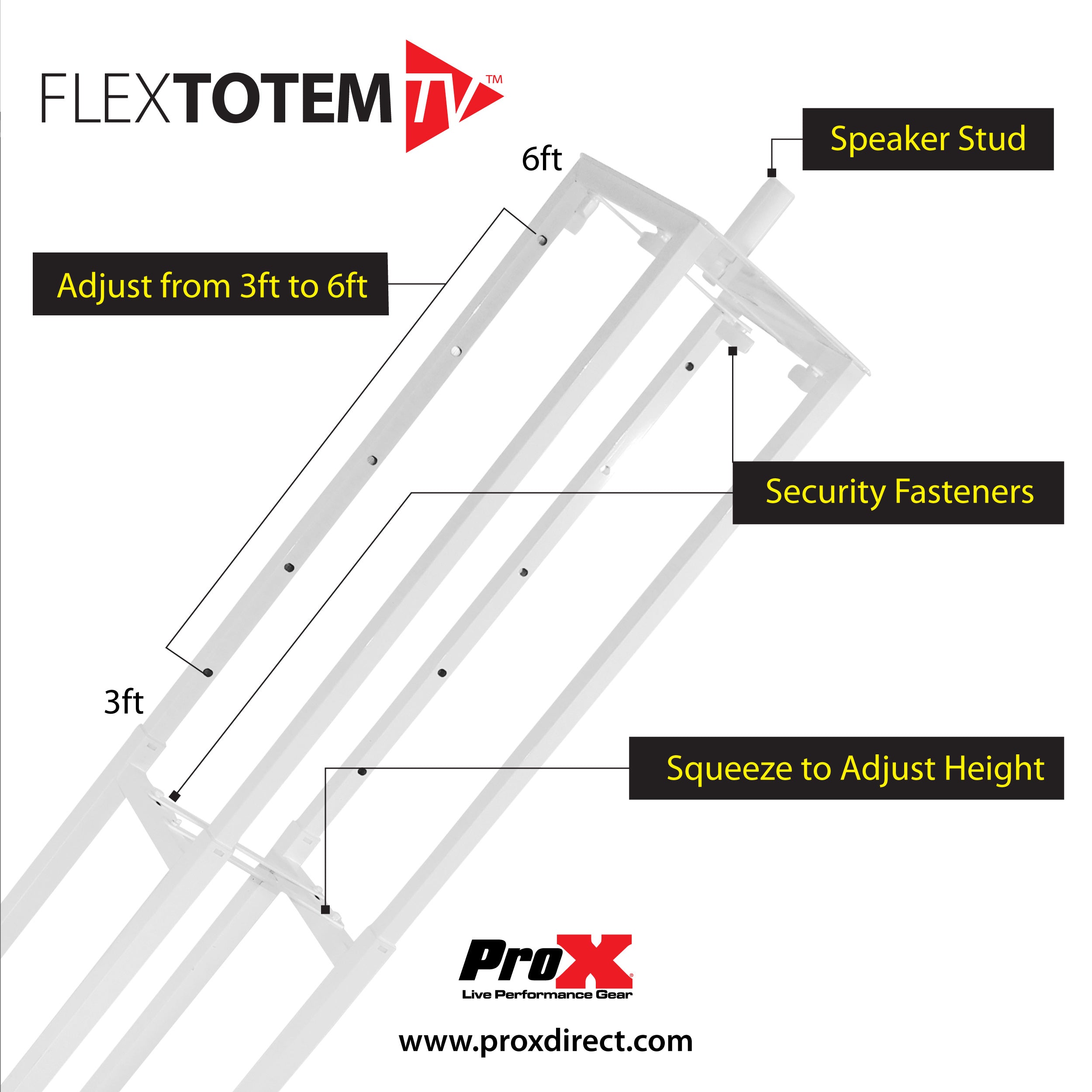ProX Flex Totem TV - 3ft to 6ft Height Adjustable Totem Stand Incl. TV Mount, Foldable Base Plate and Speaker Stud
