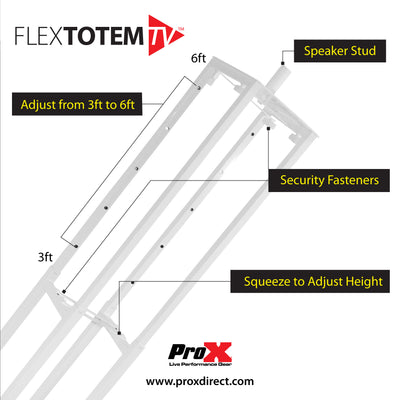 ProX Flex Totem TV - 3ft to 6ft Height Adjustable Totem Stand Incl. TV Mount, Foldable Base Plate and Speaker Stud
