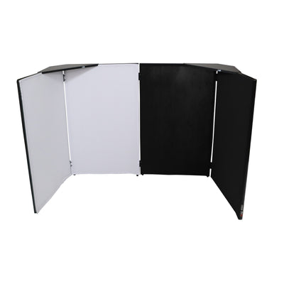 ProX Four Panel Party Black Frame Collapse and Go DJ Facade, Two Side corner Shelves, Carry Bag, 4xBlack and 4xWhite Scrims
