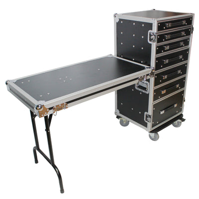ProX 7 Utility Drawer ATA Flight Style Case with Fold out Left Right Side Mounting Removable Table and 4 inch Casters