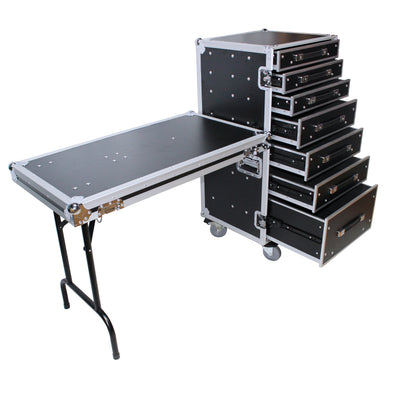 ProX 7 Utility Drawer ATA Flight Style Case with Fold out Left Right Side Mounting Removable Table and 4 inch Casters