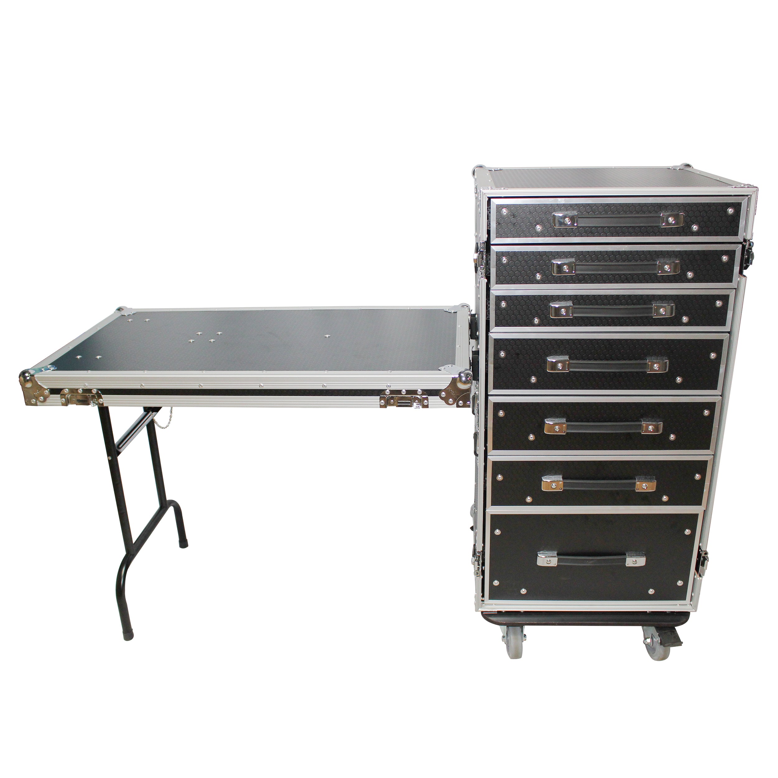 ProX 7 Utility Drawer ATA Flight Style Case with Fold out Left Right Side Mounting Removable Table and 4 inch Casters