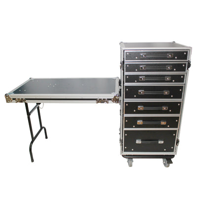 ProX 7 Utility Drawer ATA Flight Style Case with Fold out Left Right Side Mounting Removable Table and 4 inch Casters