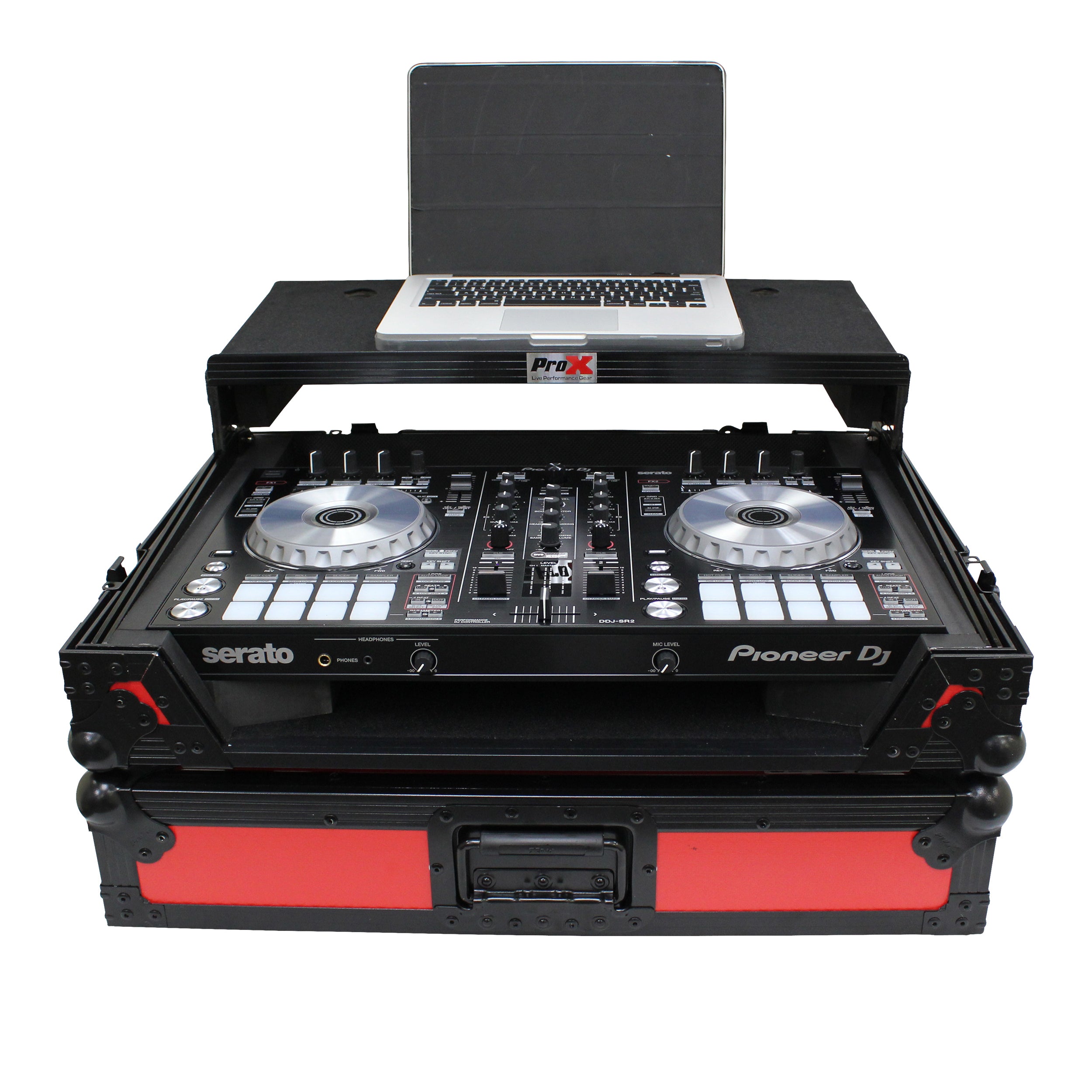 ProX ATA Flight Case For Pioneer DDJ-SR2 DJ Controller with Laptop Shelf and LED - Black Red