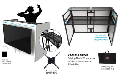 ProX MESA MEDIA MK2 DJ Facade Table Workstation Includes TV Bracket Mount White & Black Scrims and Carry Bag